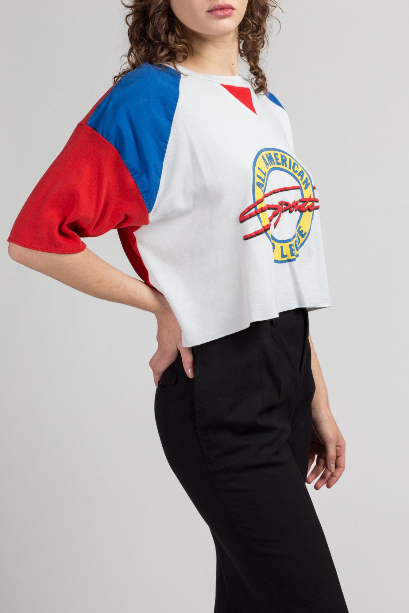 80s All American Pro League Color Block Crop Top - Extra Large | Vintage Red White & Blue Short Sleeve Sleeve Graphic Shirt