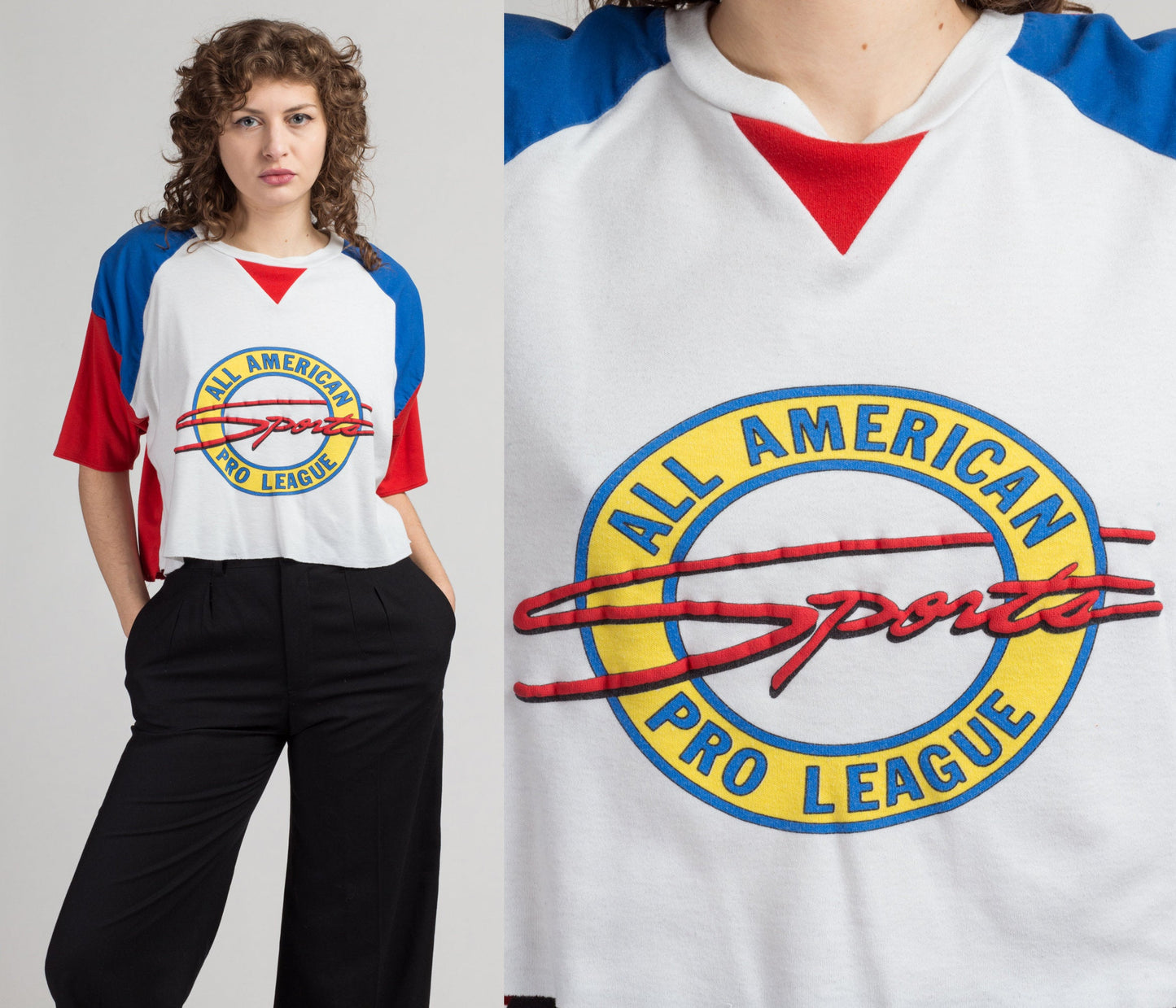 80s All American Pro League Color Block Crop Top - Extra Large | Vintage Red White & Blue Short Sleeve Sleeve Graphic Shirt