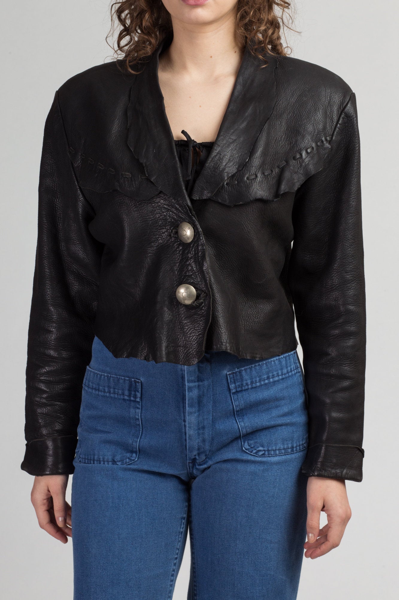 90s Zephyr Unlimited Raw Edge Cropped Leather Jacket - Medium | Vintage Black Southwestern Silver Button Up Biker Coat