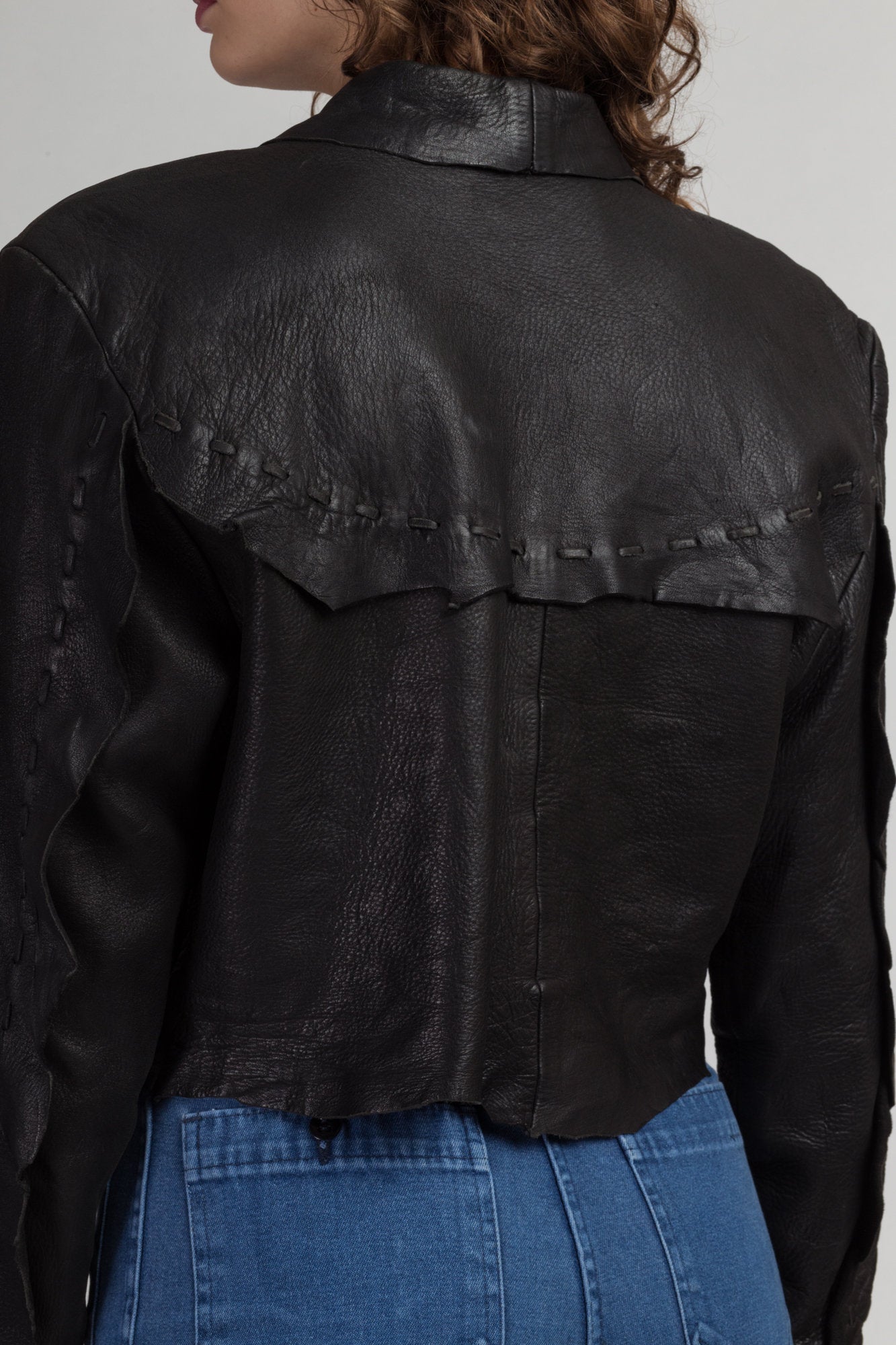 90s Zephyr Unlimited Raw Edge Cropped Leather Jacket - Medium | Vintage Black Southwestern Silver Button Up Biker Coat