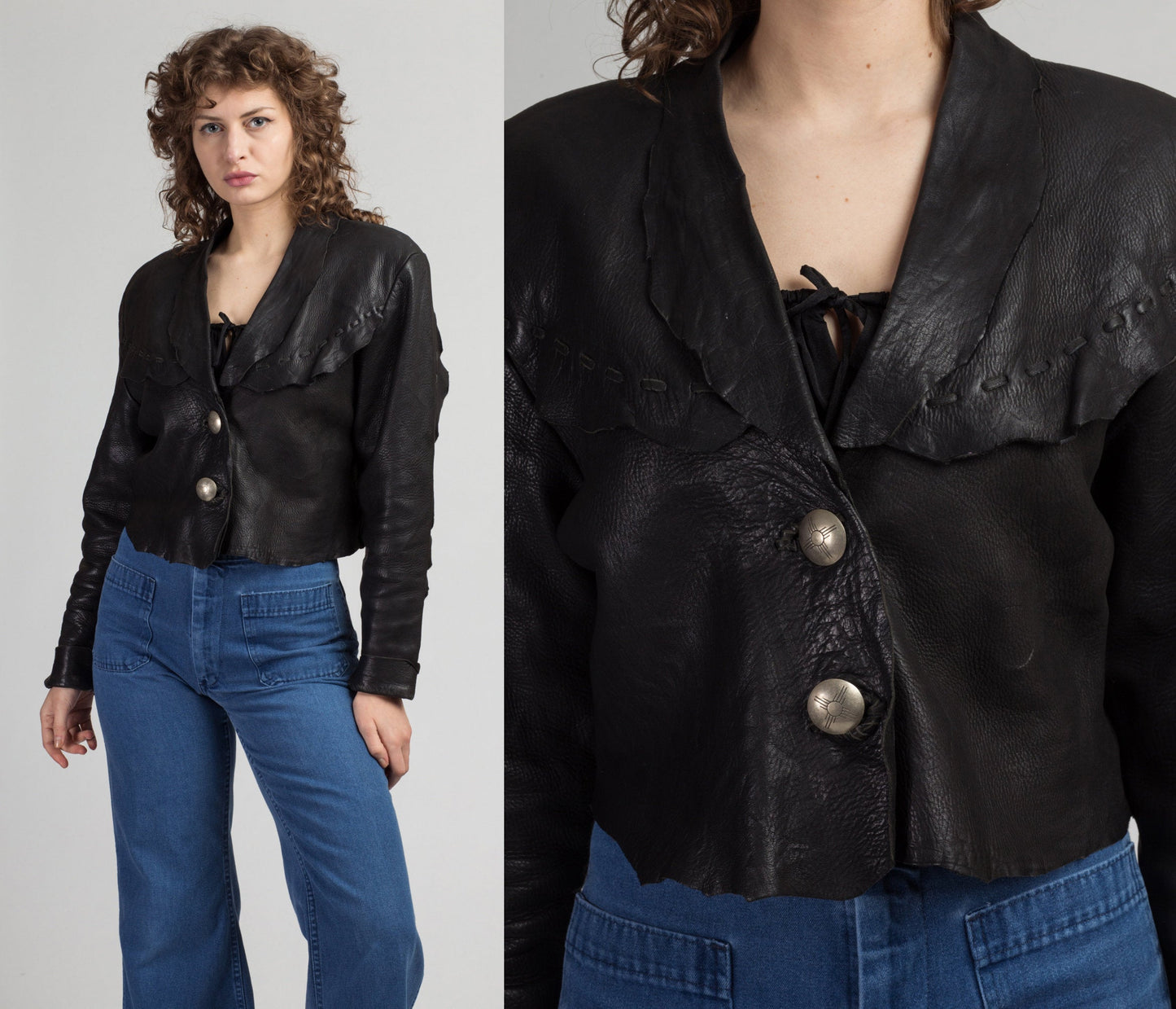 90s Zephyr Unlimited Raw Edge Cropped Leather Jacket - Medium | Vintage Black Southwestern Silver Button Up Biker Coat