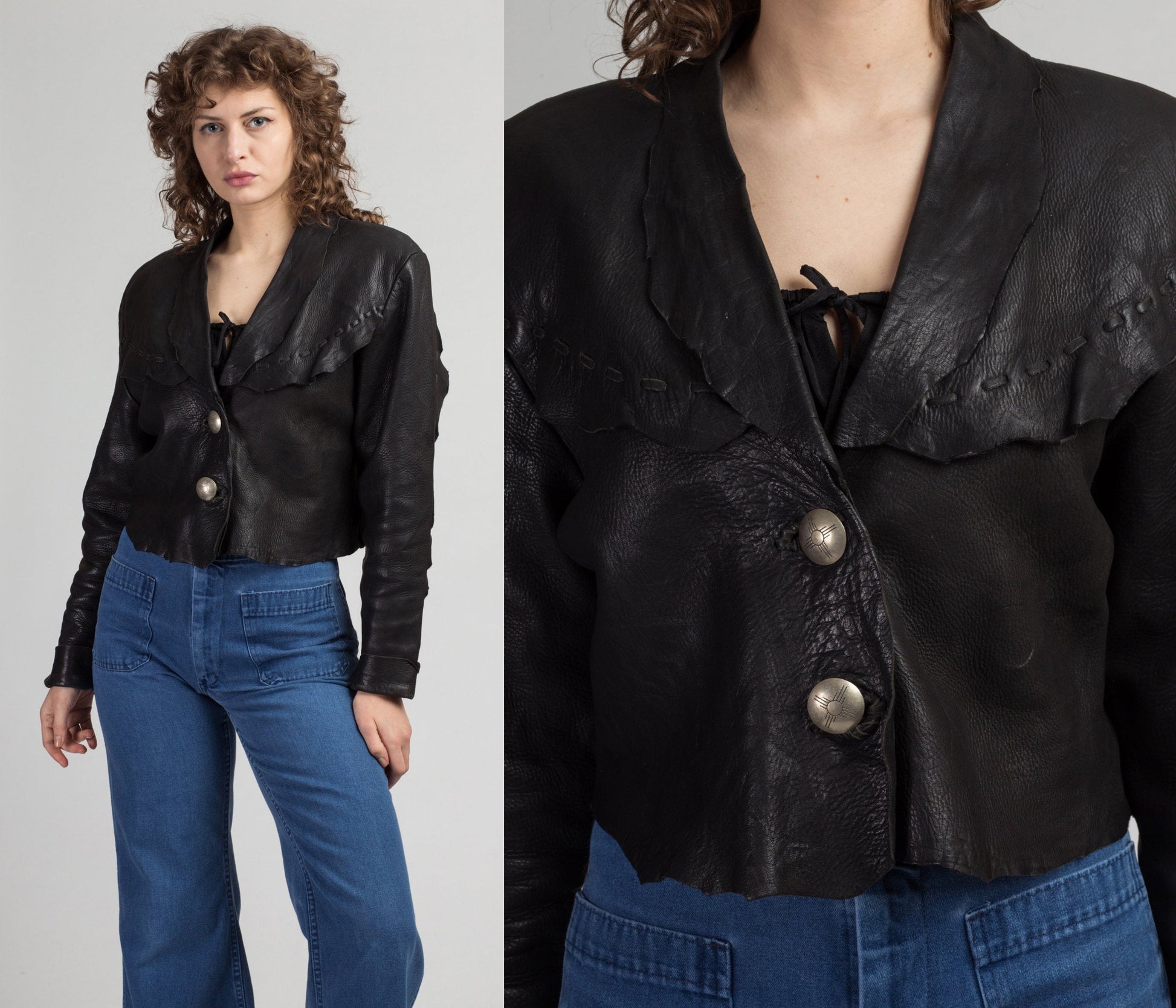 90s Zephyr Unlimited Raw Edge Cropped Leather Jacket - Medium | Vintage Black Southwestern Silver Button Up Biker Coat