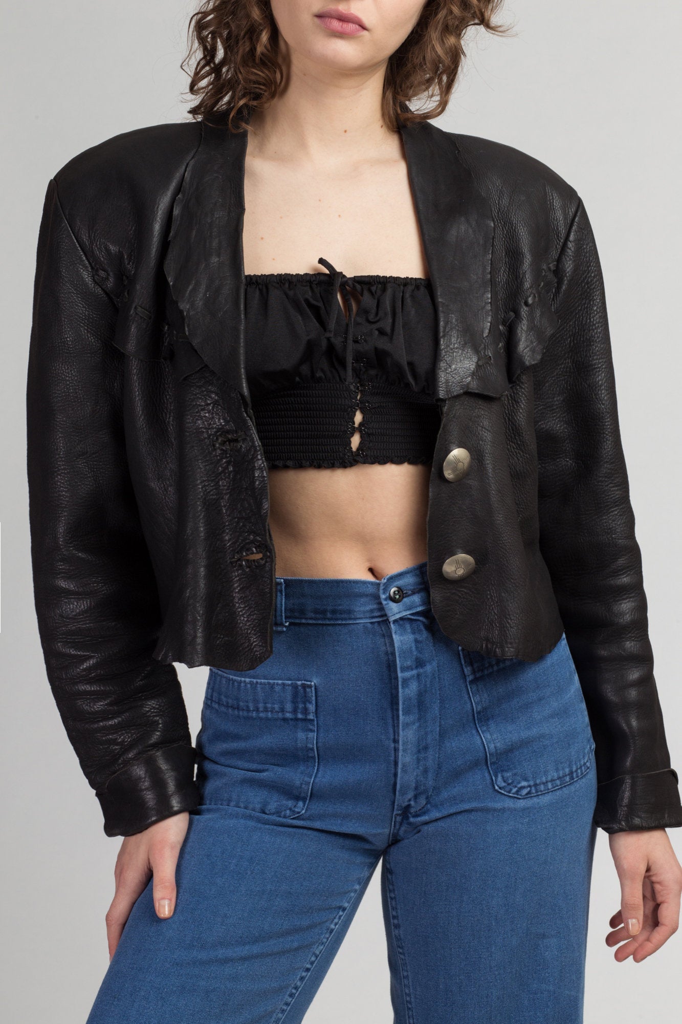 90s Zephyr Unlimited Raw Edge Cropped Leather Jacket - Medium | Vintage Black Southwestern Silver Button Up Biker Coat