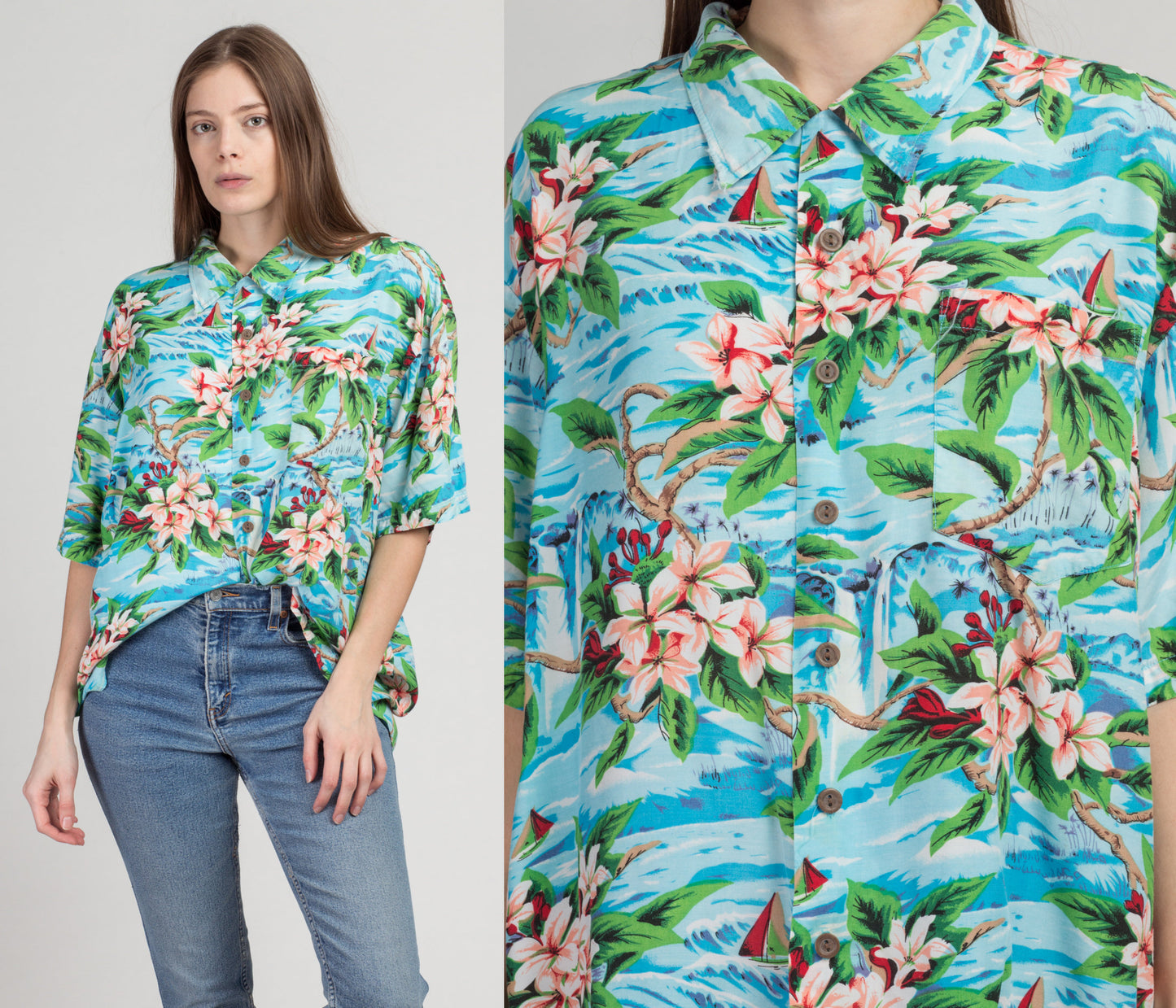 90s Hawaiian Aloha Shirt - Men&#39;s Large | Vintage Floral Palm Tree Print Print Button Up Rayon Top