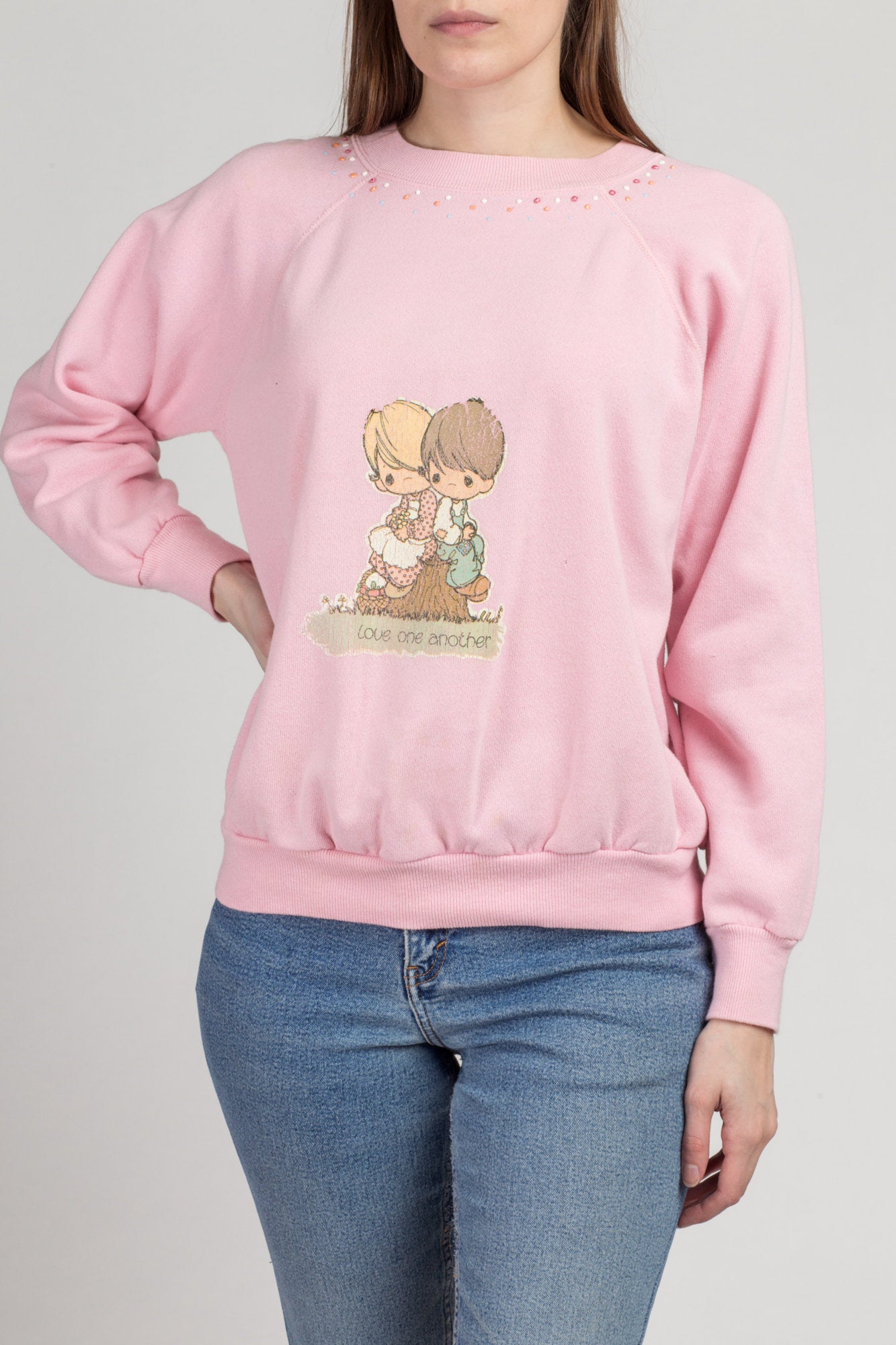 80s Pink &quot;Love One Another&quot; Sweatshirt - Large | Vintage Puff Paint Graphic Raglan Sleeve Pullover