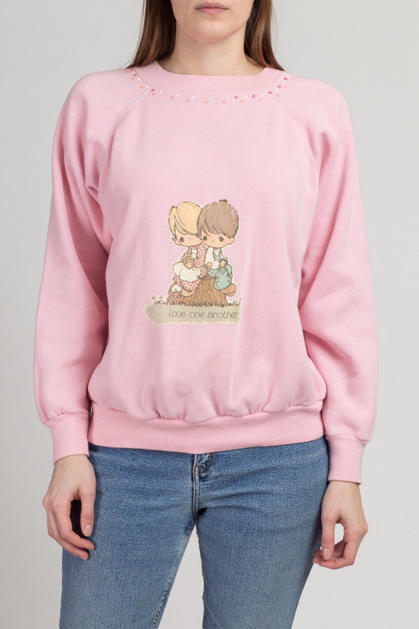 80s Pink &quot;Love One Another&quot; Sweatshirt - Large | Vintage Puff Paint Graphic Raglan Sleeve Pullover