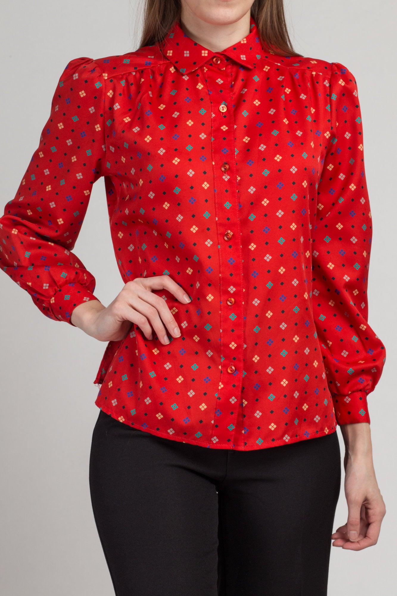 Vintage Red Secretary Blouse - Small | 80s Button Back Long Sleeve Collared Top