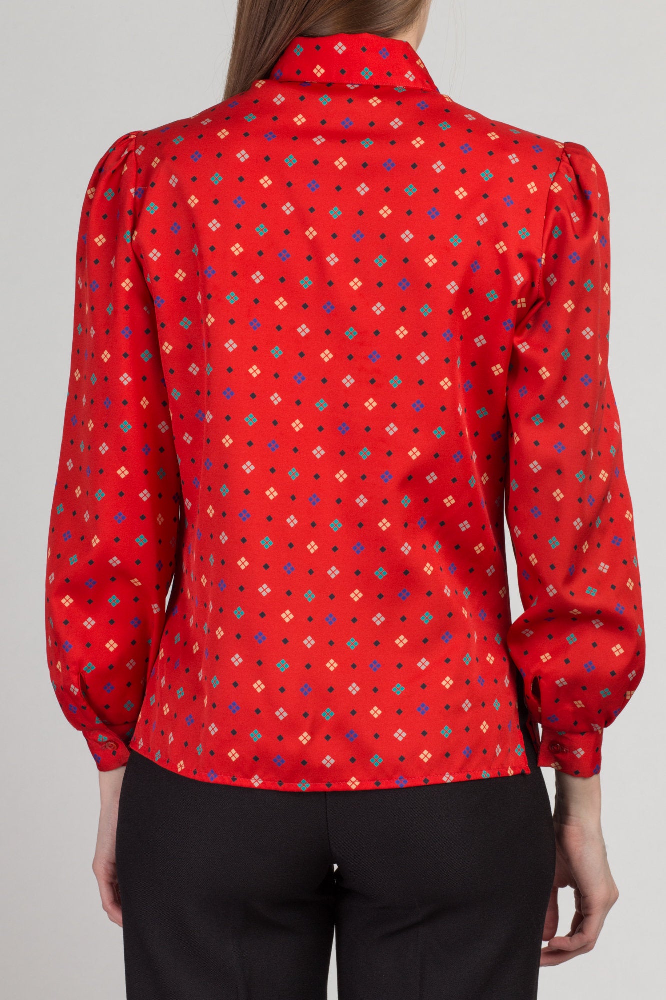 Vintage Red Secretary Blouse - Small | 80s Button Back Long Sleeve Collared Top