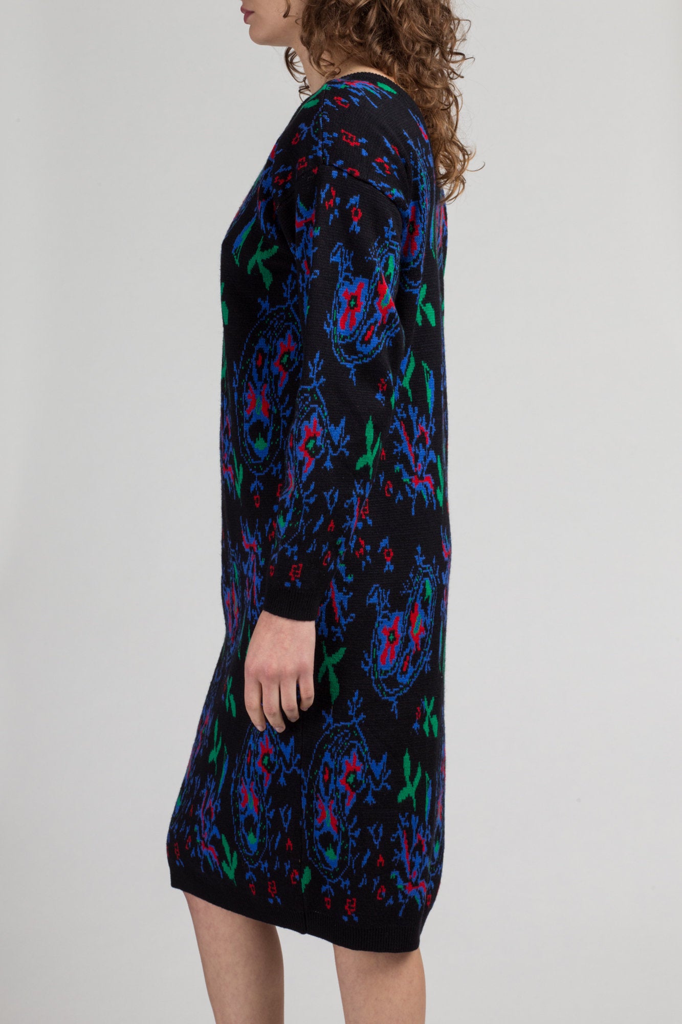 80s Black Floral Paisley Sweater Dress - Medium | Vintage Liz Claiborne Long Sleeve Knit Oversize Pullover Midi Dress