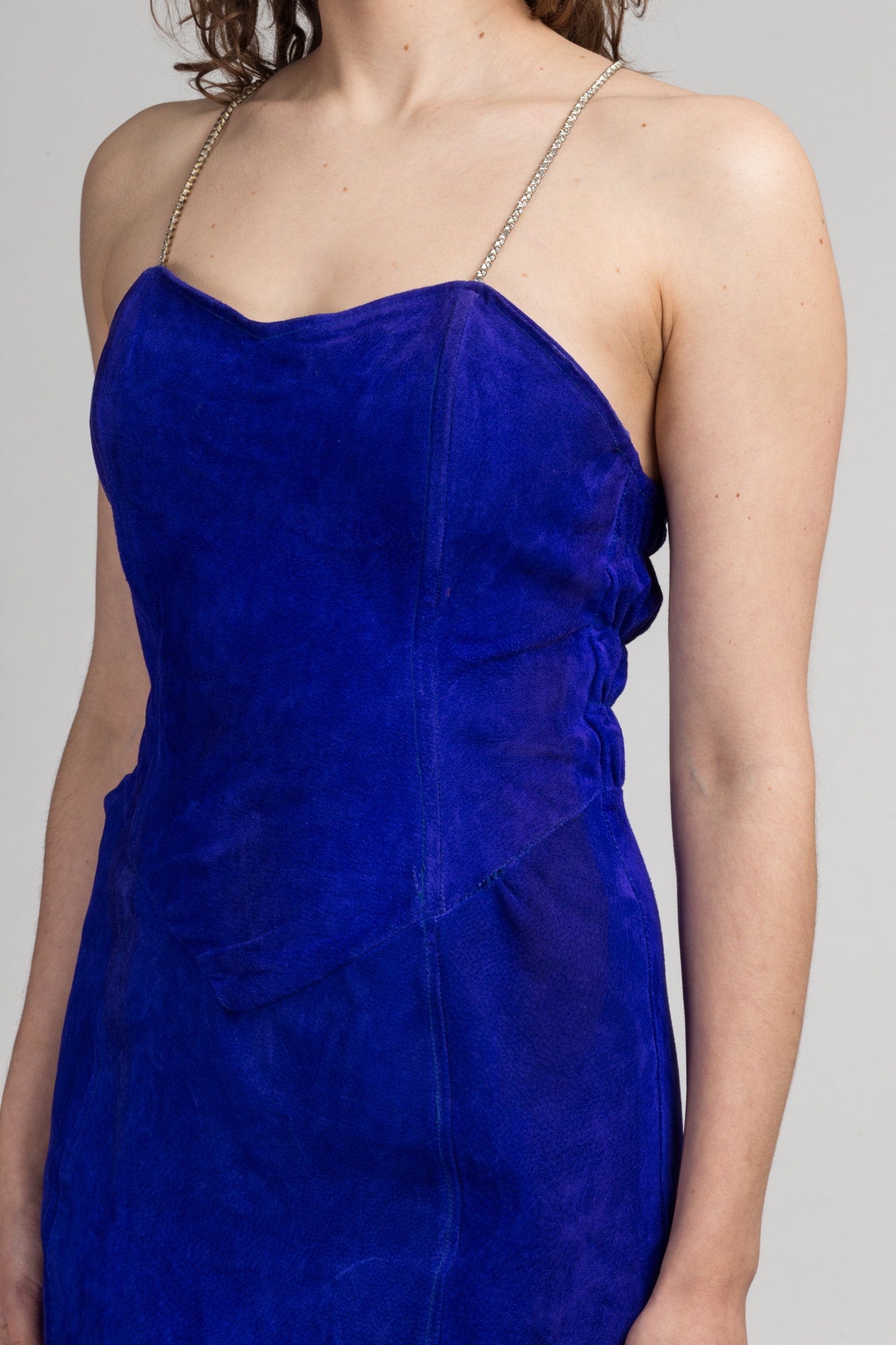 80s Royal Purple Suede Mini Dress - Medium | Vintage Jeweled Strappy Back Knee Length Dress