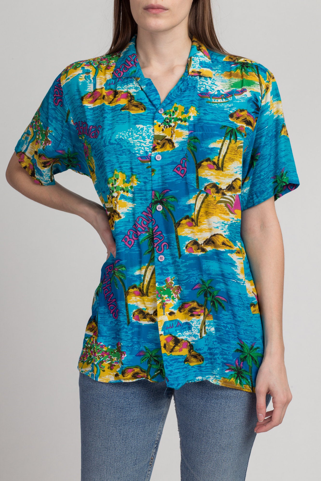 1960s Bahamas Aloha Shirt By Watanmal - Men&#39;s Medium | Vintage 60s Hawaiian Palm Tree Print Button Up