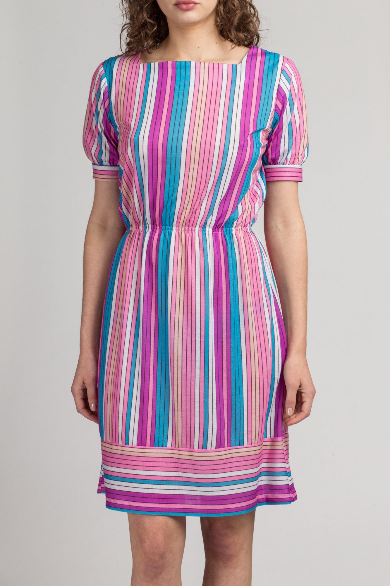 80s Striped Mini Dress - Medium | Vintage Retro Colorful Girly Short Sleeve Secretary Minidress