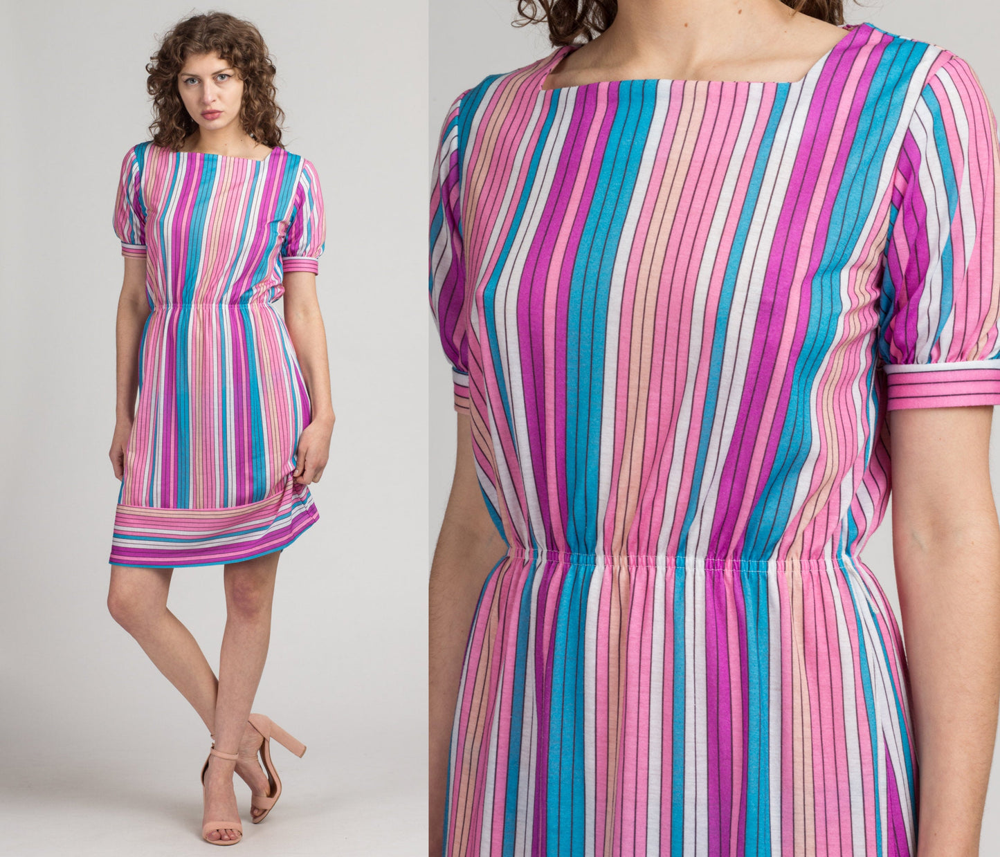 80s Striped Mini Dress - Medium | Vintage Retro Colorful Girly Short Sleeve Secretary Minidress