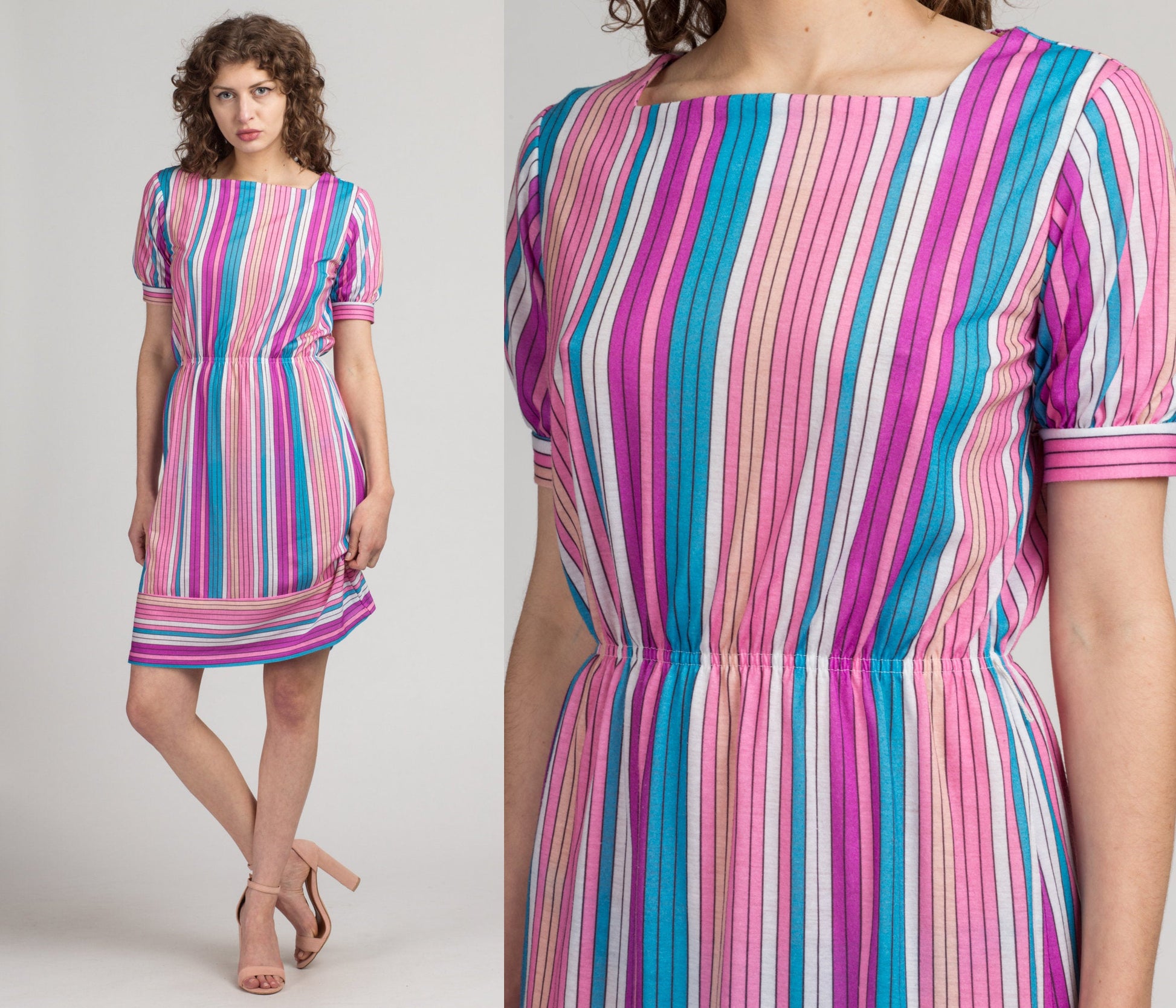 80s Striped Mini Dress - Medium | Vintage Retro Colorful Girly Short Sleeve Secretary Minidress