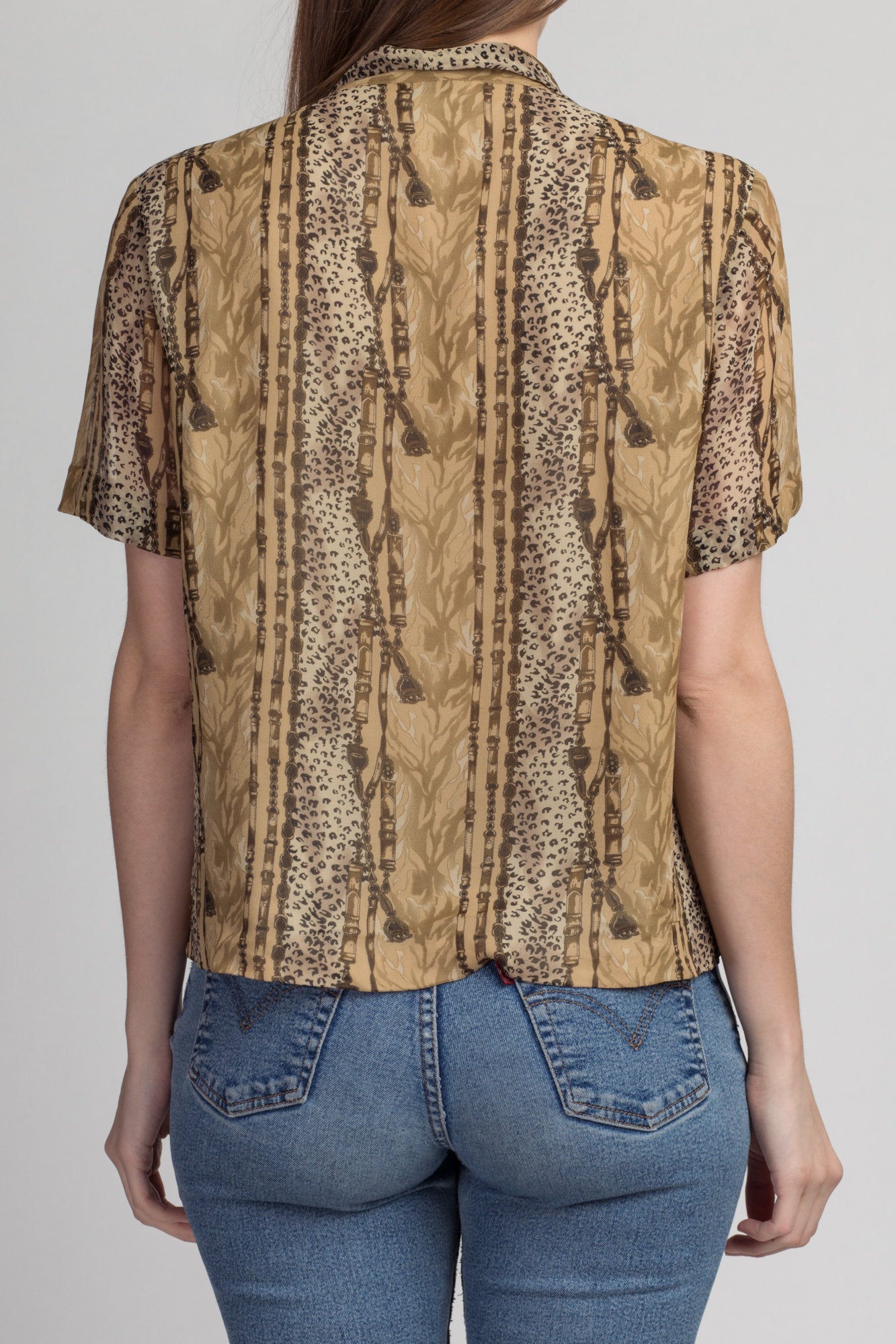 Vintage Silk Baroque Animal Print Shirt - Medium | 90s Short Sleeve Equestrian Button Up Collared Top