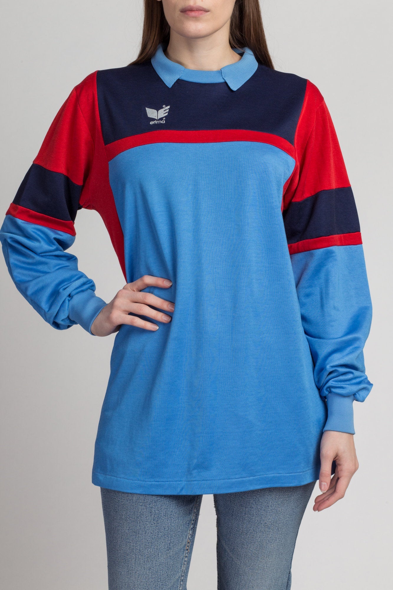 80s Erima #1 Soccer Jersey - Men&#39;s Large | Vintage West Germany Padded Sleeve Blue Color Block Football Shirt