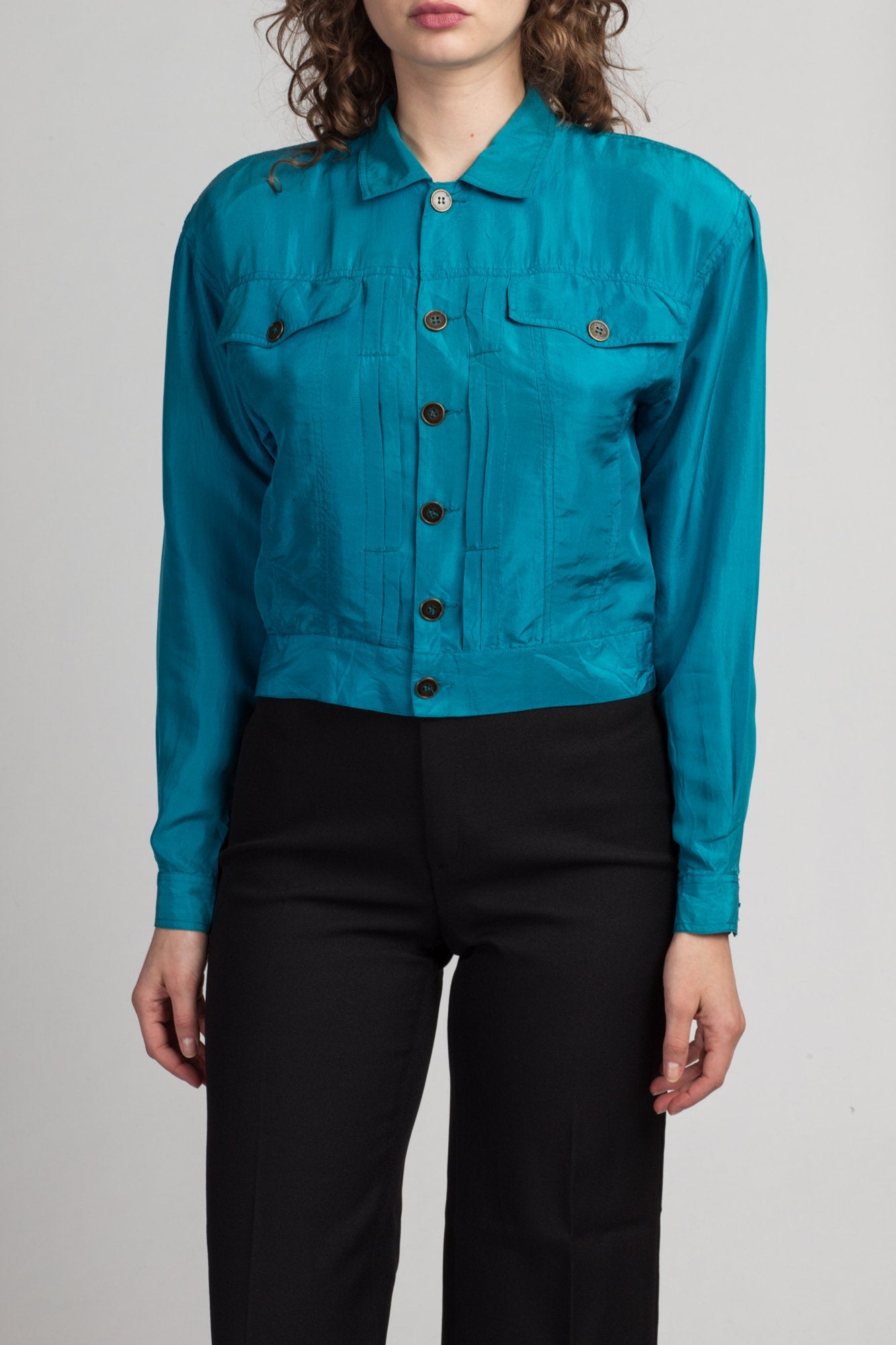 Vintage Blue Silk Jacket Crop Top - Large | 80s 90s Lizwear Button Up Cropped Shirt