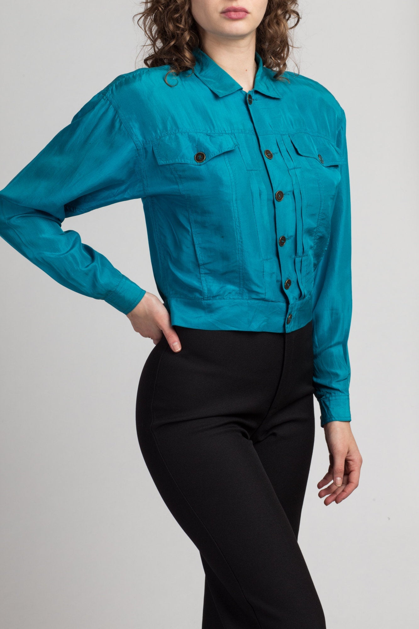 Vintage Blue Silk Jacket Crop Top - Large | 80s 90s Lizwear Button Up Cropped Shirt