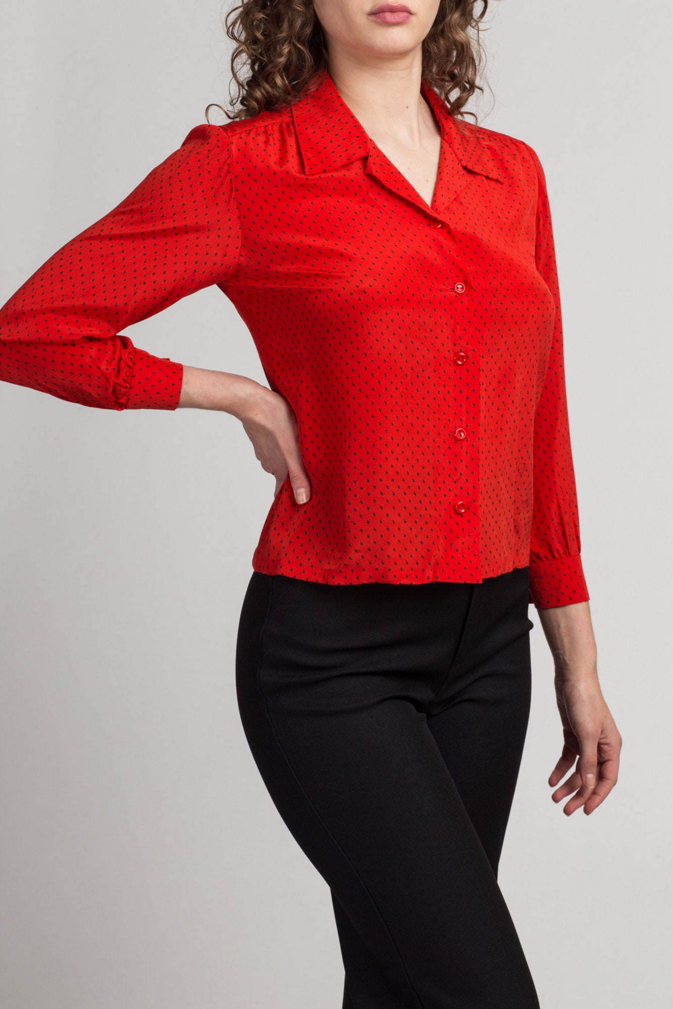 Vintage Red Silk Secretary Blouse - XS to Petite Small | 80s Polka Dot Button Up Long Sleeve Collared Top