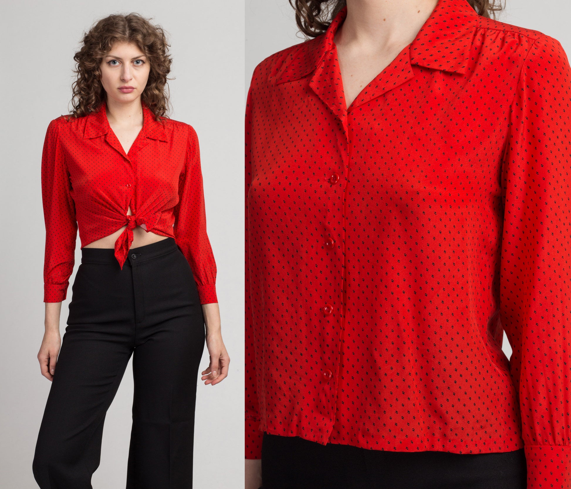Vintage Red Silk Secretary Blouse - XS to Petite Small | 80s Polka Dot Button Up Long Sleeve Collared Top