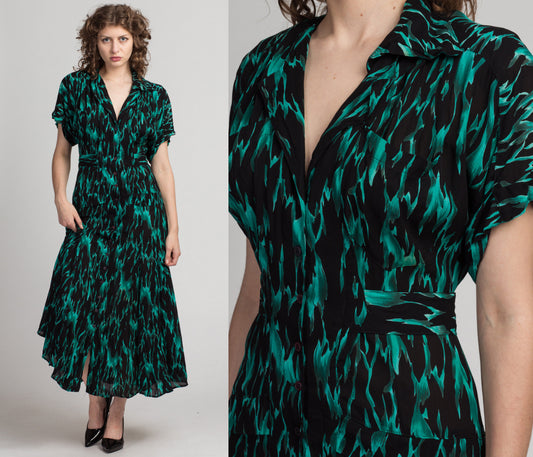 Vintage Karen Alexander Flame Print Grunge Dress - Medium | 80s 90s Green & Black Designer Button Up Short Sleeve Maxi