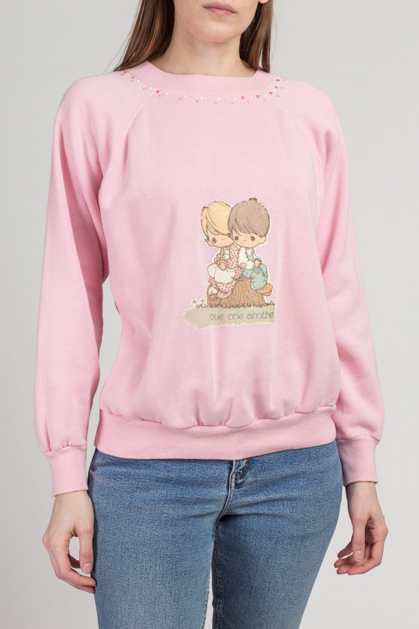 80s Pink &quot;Love One Another&quot; Sweatshirt - Large | Vintage Puff Paint Graphic Raglan Sleeve Pullover