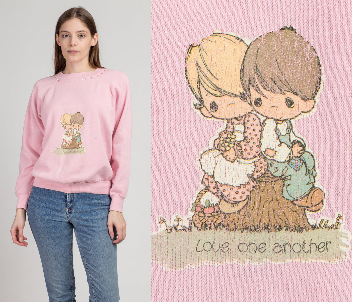 80s Pink &quot;Love One Another&quot; Sweatshirt - Large | Vintage Puff Paint Graphic Raglan Sleeve Pullover