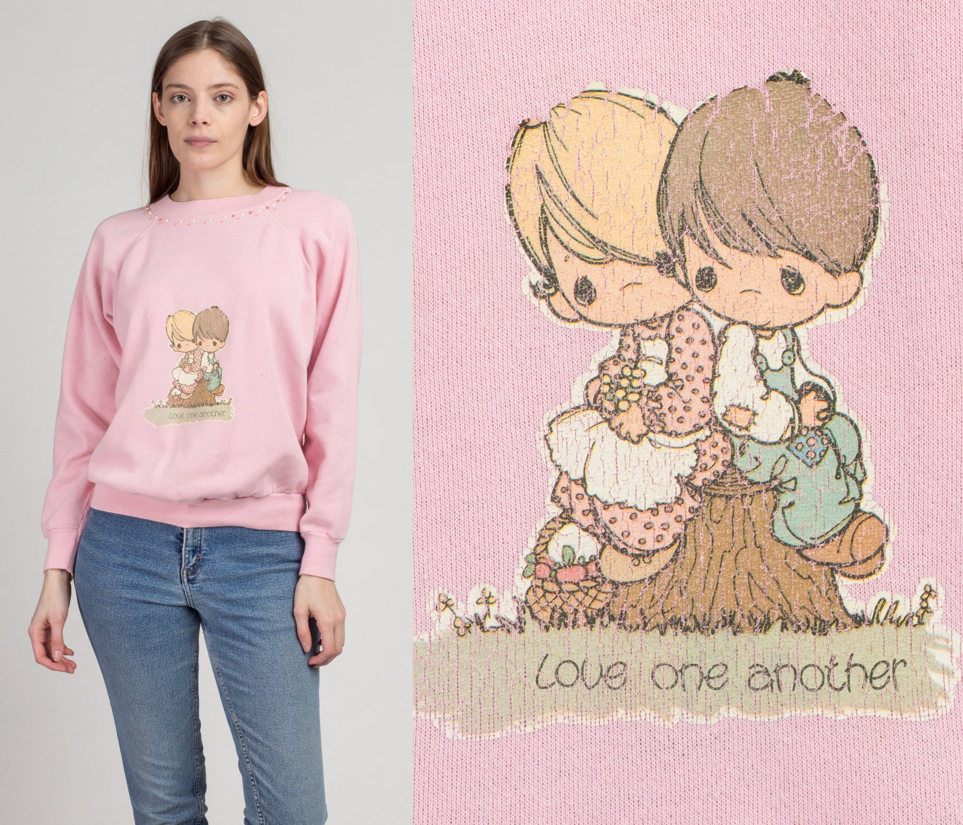 80s Pink &quot;Love One Another&quot; Sweatshirt - Large | Vintage Puff Paint Graphic Raglan Sleeve Pullover