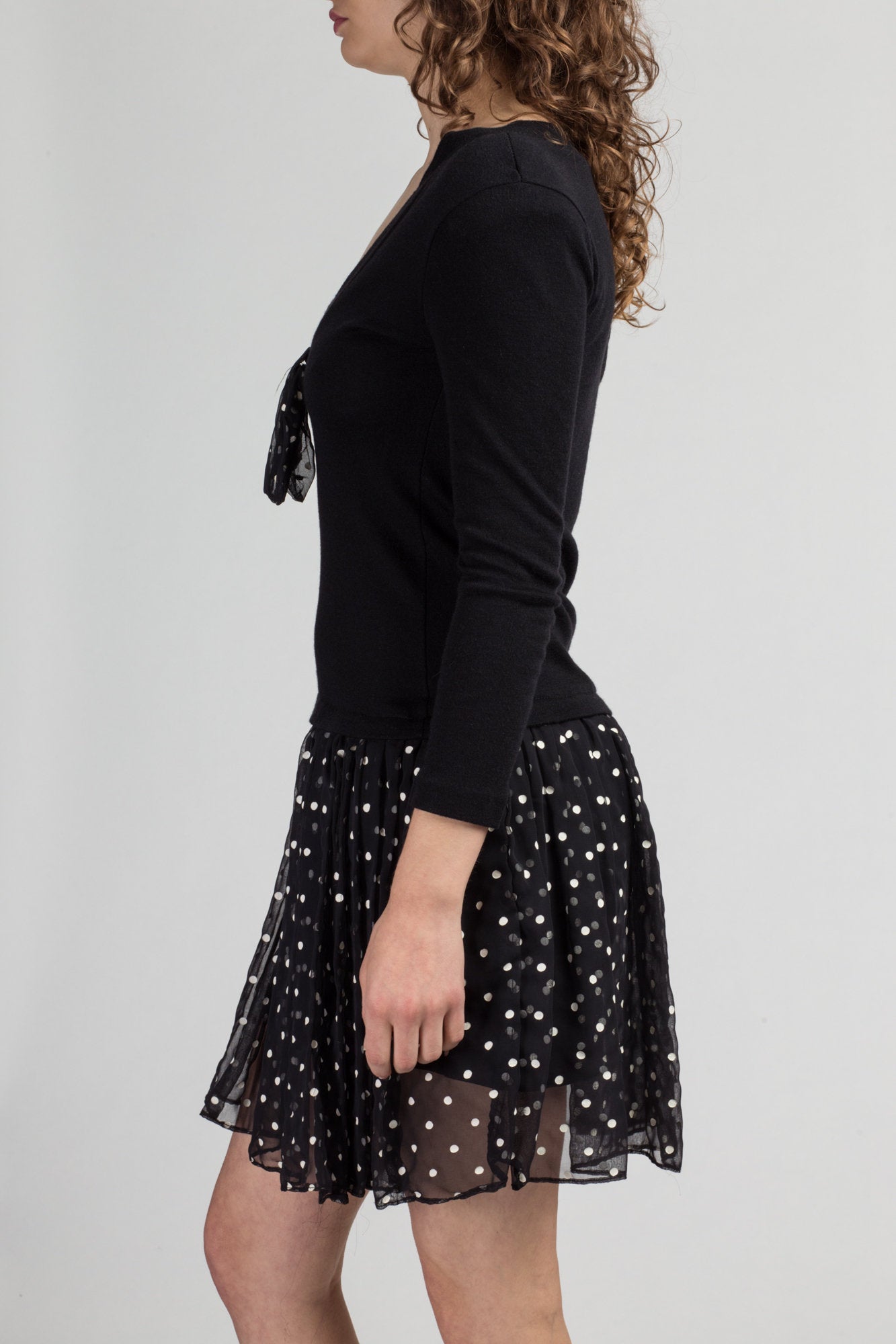 80s Black Polka Dot Drop Waist Mini Dress - Medium | Vintage Long Sleeve Bow Party Dress