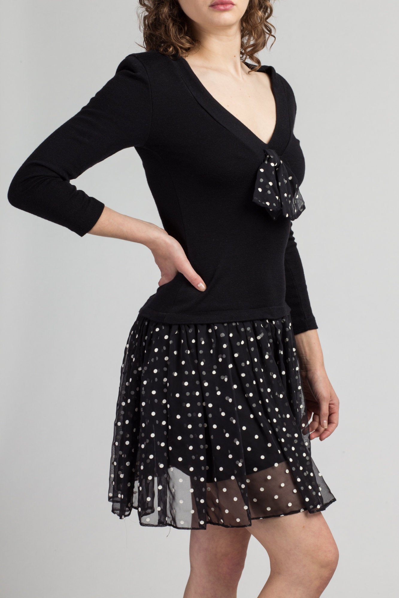 80s Black Polka Dot Drop Waist Mini Dress - Medium | Vintage Long Sleeve Bow Party Dress