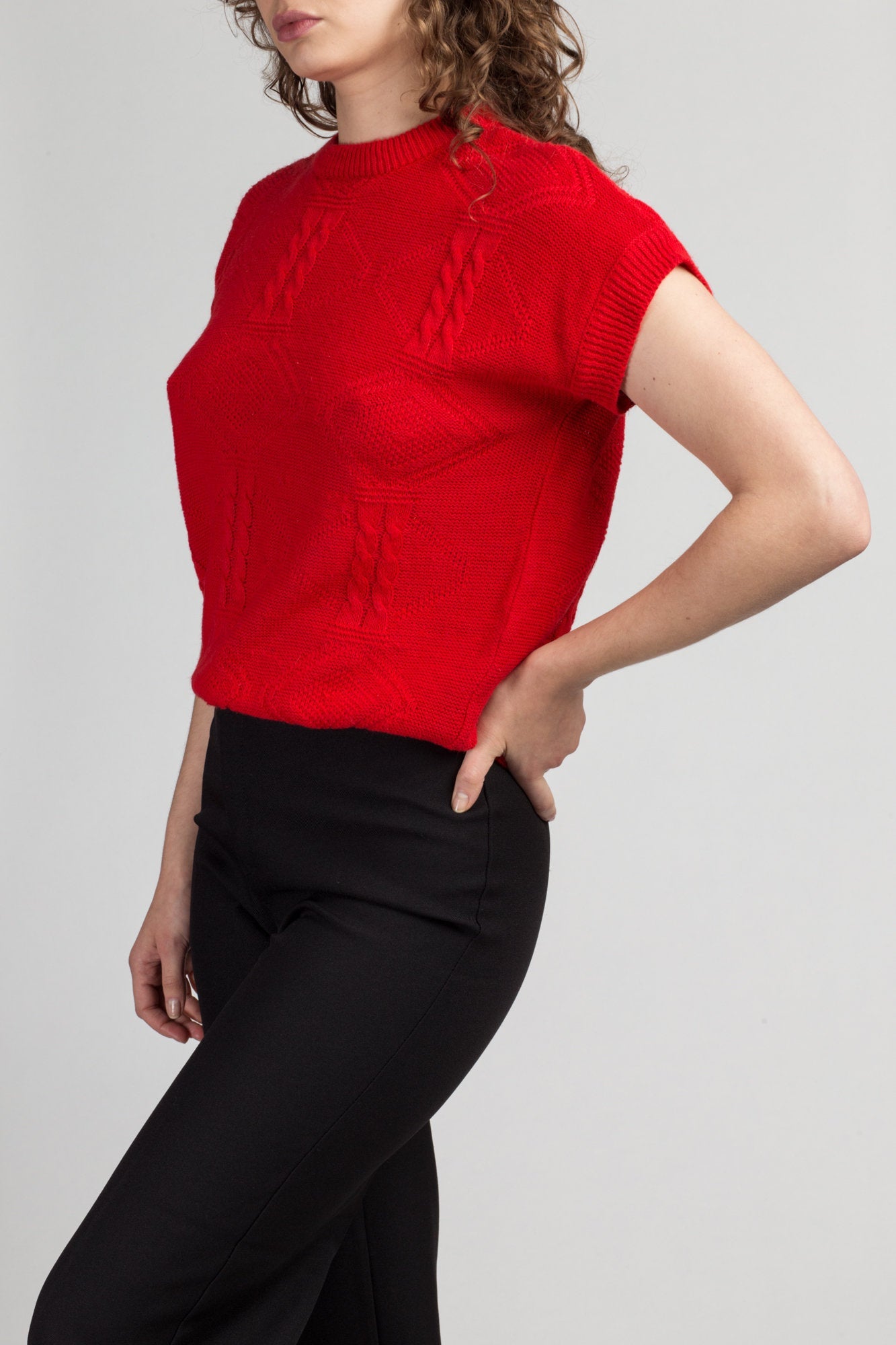 Vintage Red Cable Knit Top - Small to Medium | 80s Plain Cap Sleeve Knit Sweater