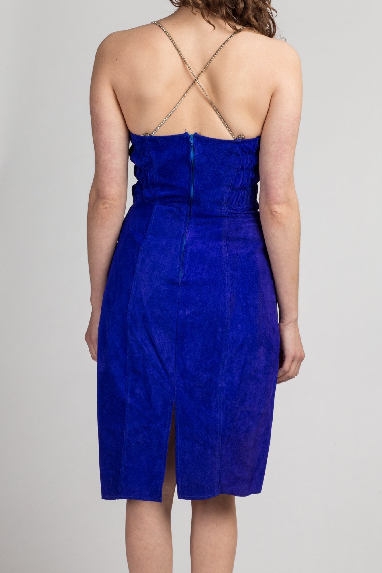 80s Royal Purple Suede Mini Dress - Medium | Vintage Jeweled Strappy Back Knee Length Dress