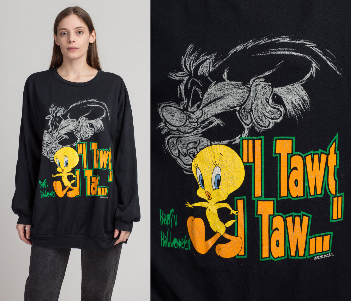 90s Tweety Bird & Sylvester &quot;I Tawt I Taw..&quot; Sweatshirt - 2X | Vintage Black Halloween Looney Tunes Slouchy Cartoon Pullover
