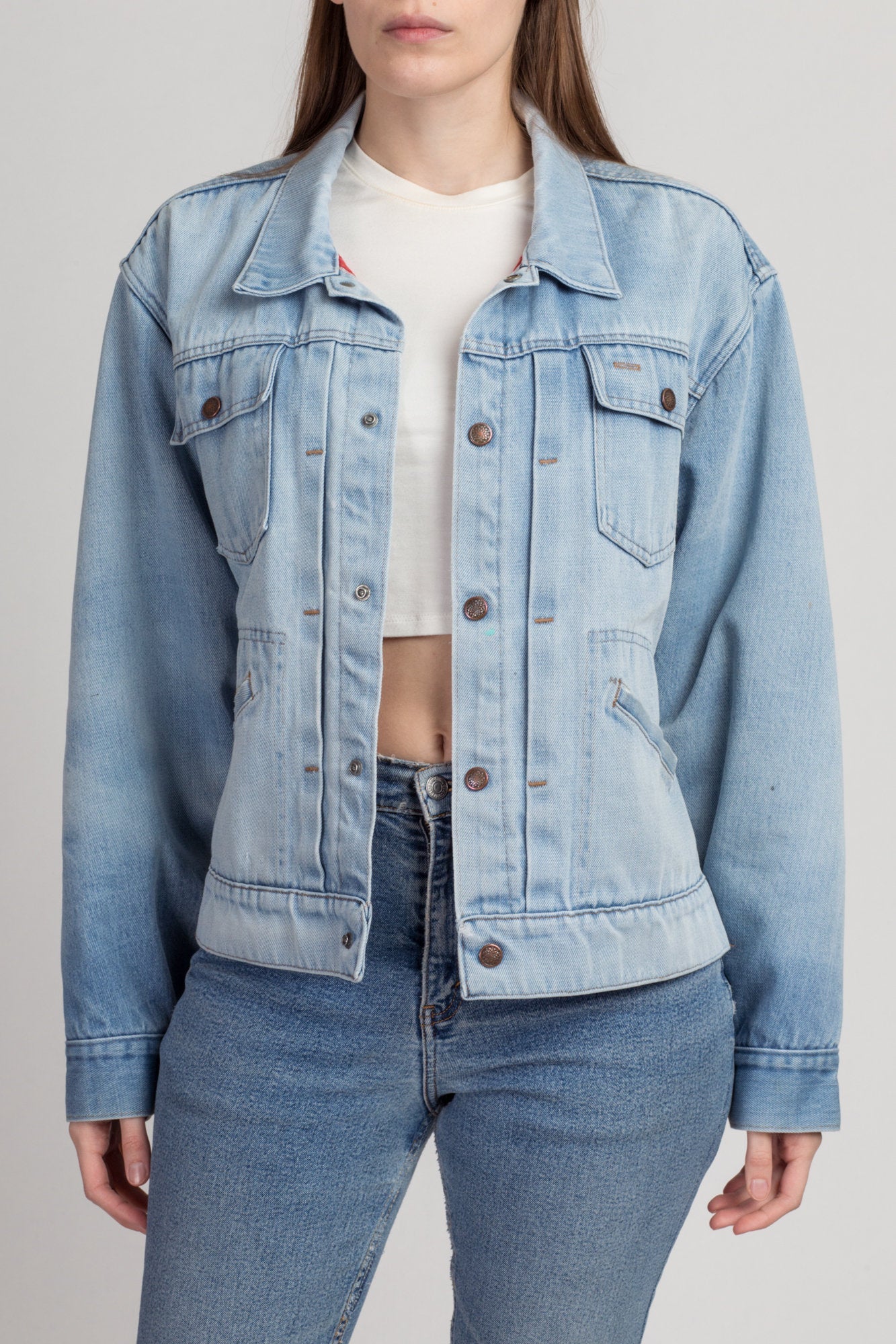 70s 80s Denim Chore Coat - Men&#39;s Medium | Vintage Lined Light Wash Jean Jacket
