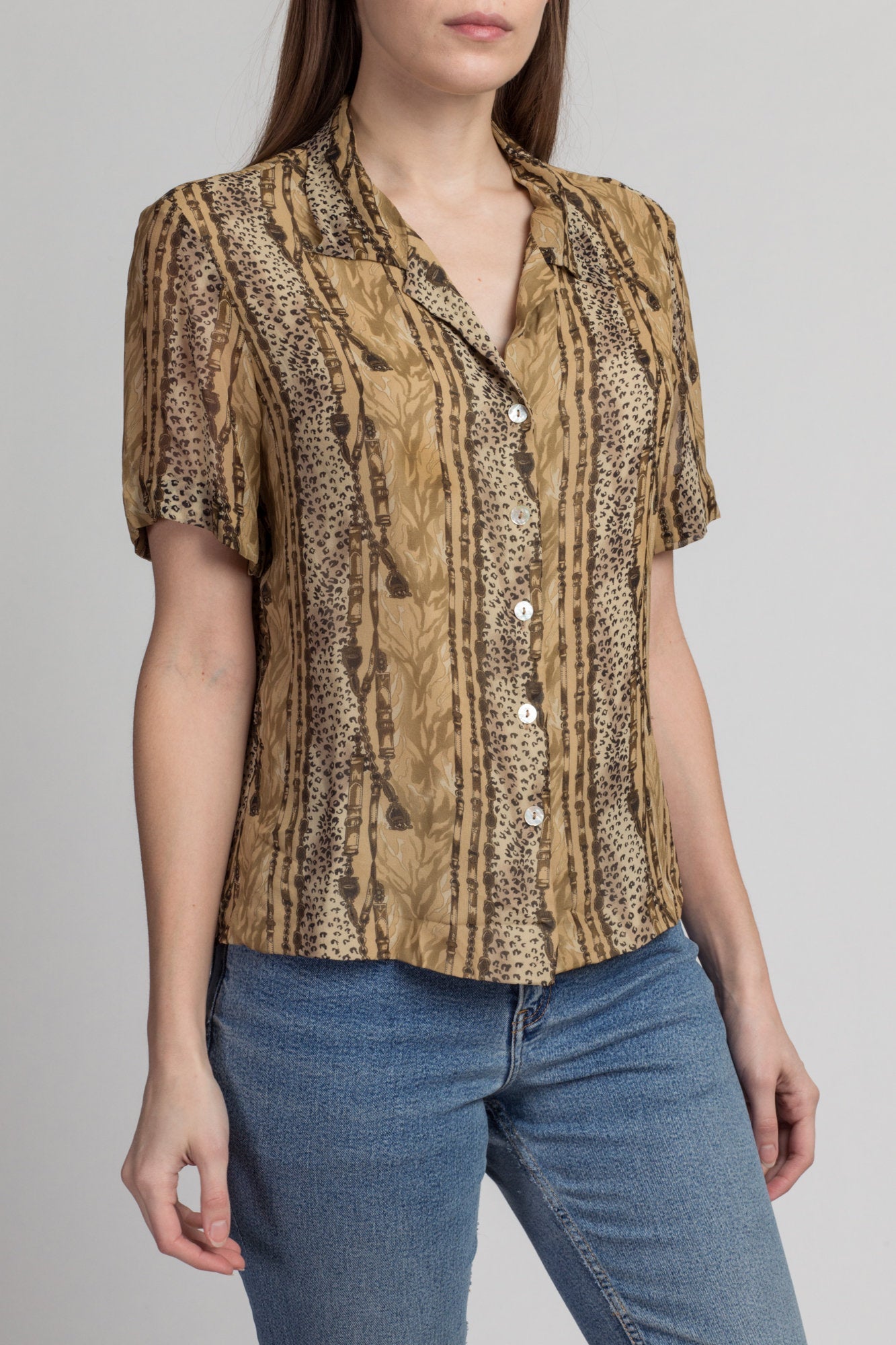 Vintage Silk Baroque Animal Print Shirt - Medium | 90s Short Sleeve Equestrian Button Up Collared Top