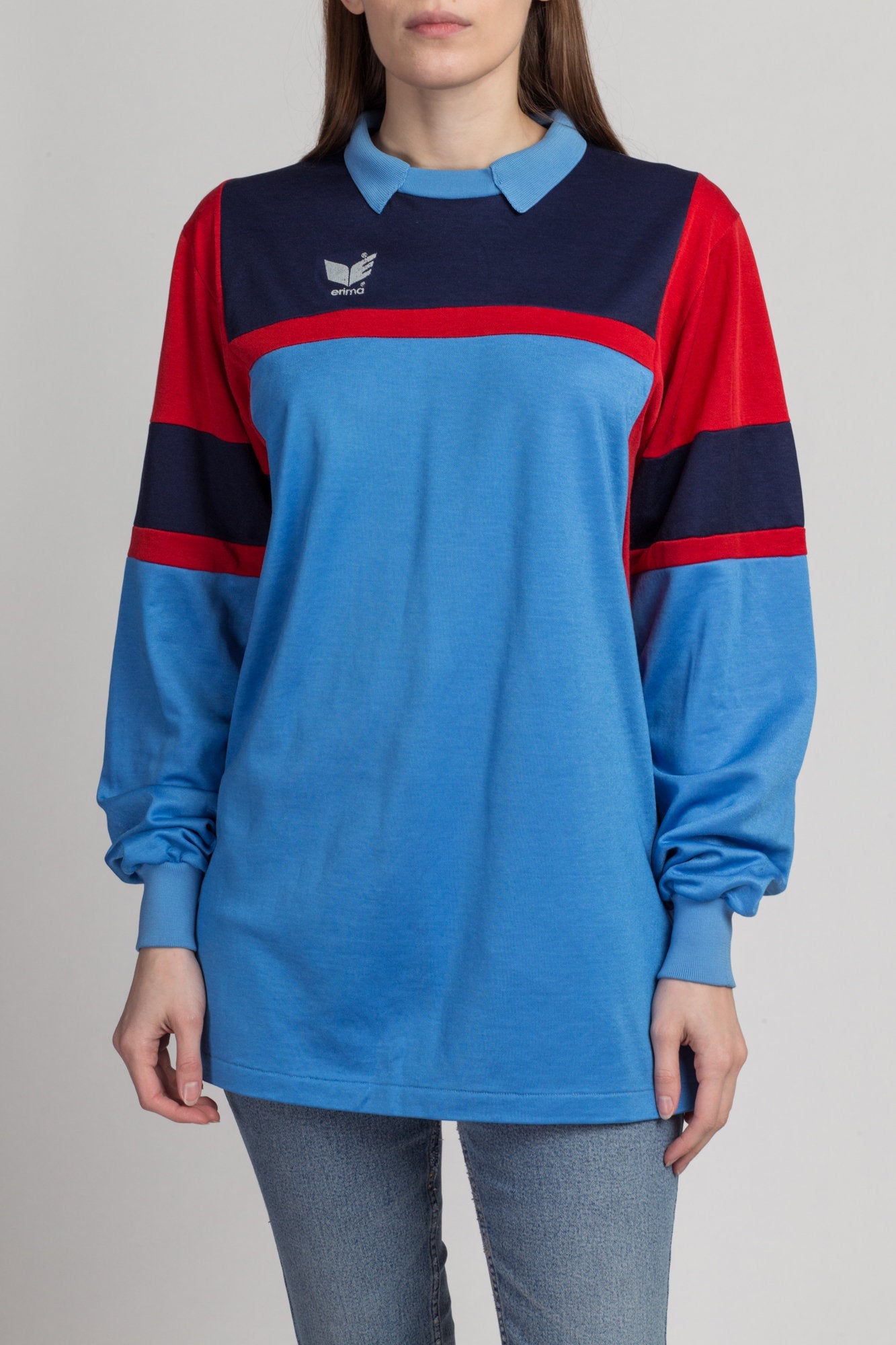 80s Erima #1 Soccer Jersey - Men&#39;s Large | Vintage West Germany Padded Sleeve Blue Color Block Football Shirt