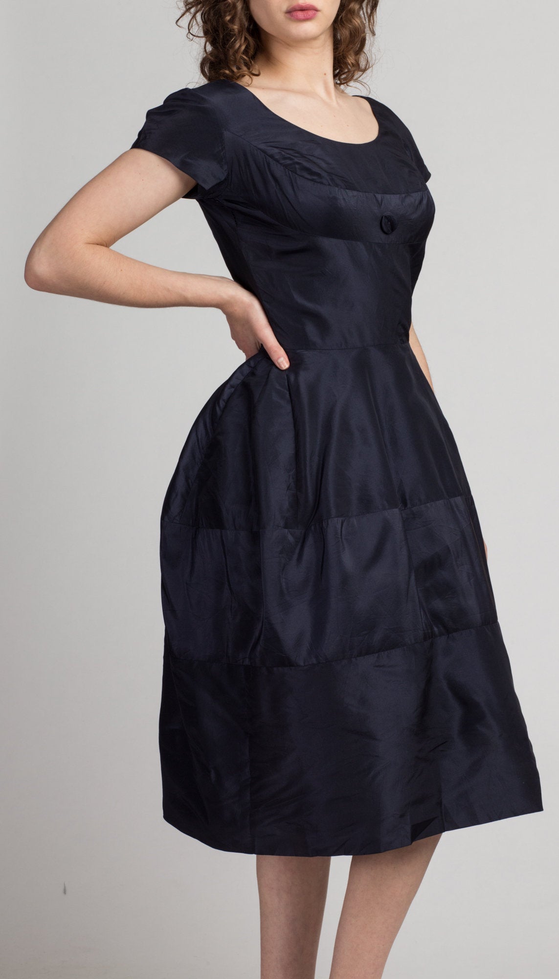 Vintage 1960s Oscar De La Renta Navy Blue Midi Dress - Small to Medium | 50s 60s  Fit & Flare Short Sleeve Bubble Skirt Designer Dress