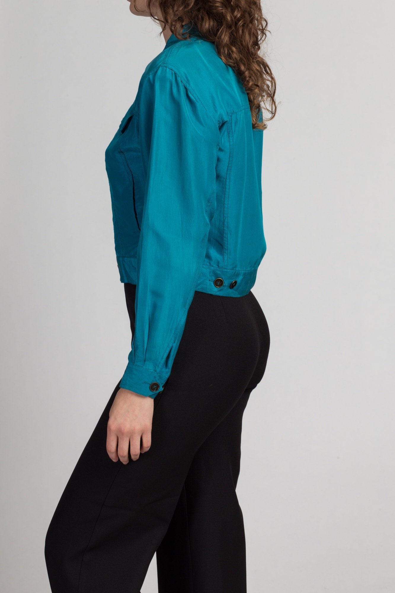Vintage Blue Silk Jacket Crop Top - Large | 80s 90s Lizwear Button Up Cropped Shirt