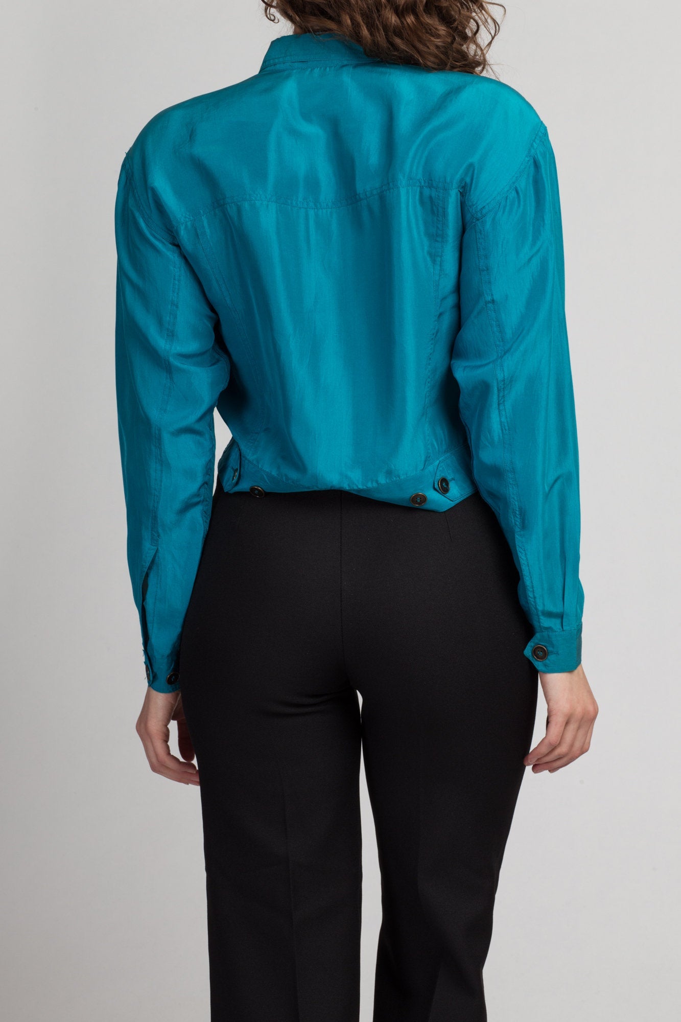 Vintage Blue Silk Jacket Crop Top - Large | 80s 90s Lizwear Button Up Cropped Shirt