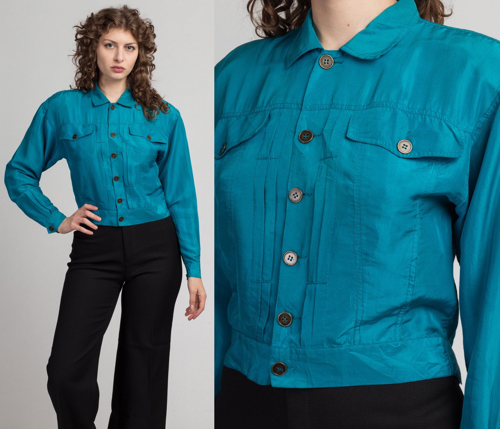 Vintage Blue Silk Jacket Crop Top - Large | 80s 90s Lizwear Button Up Cropped Shirt