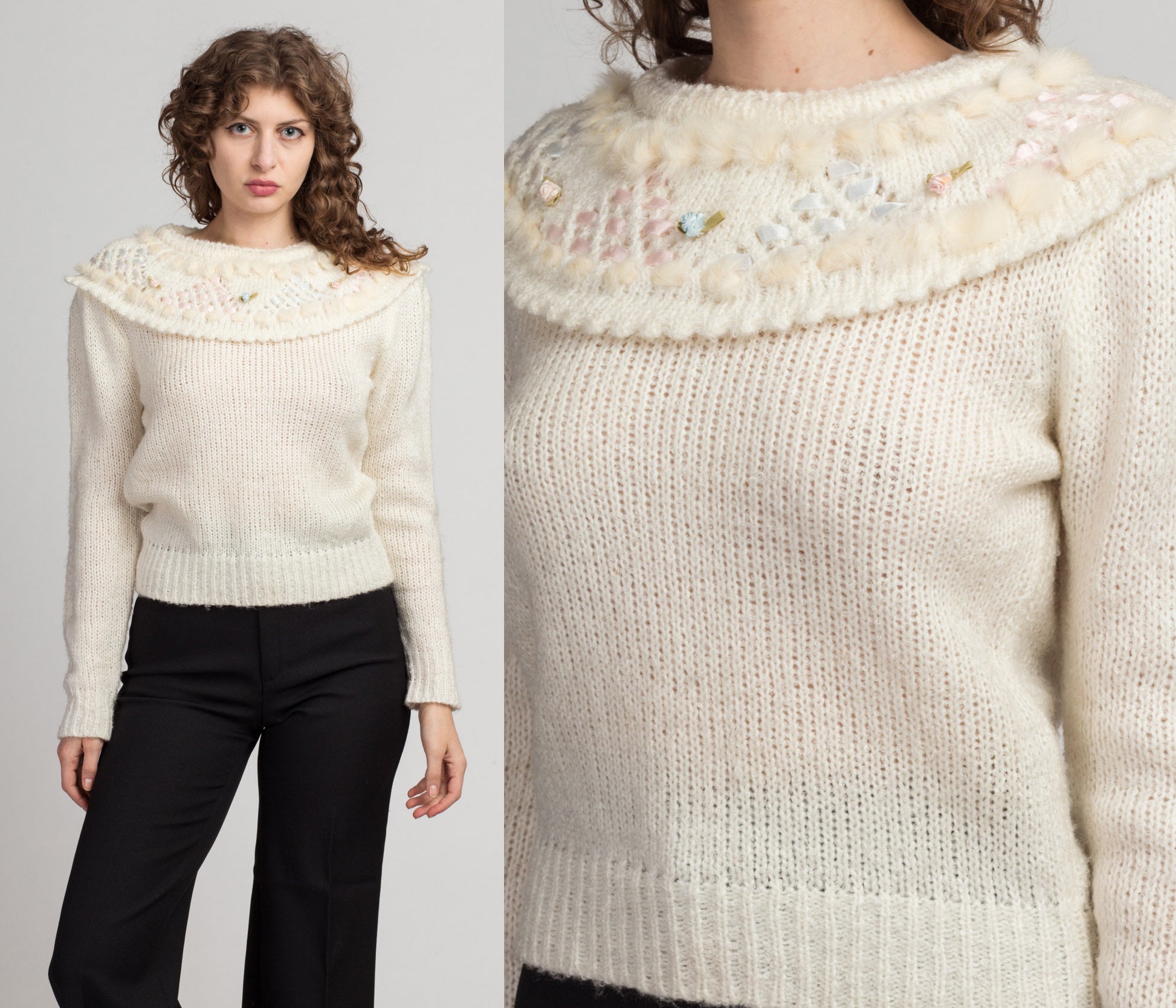 80s Angora Collared Sweater - Medium to Large | Vintage Ivory Floral Knit Pullover