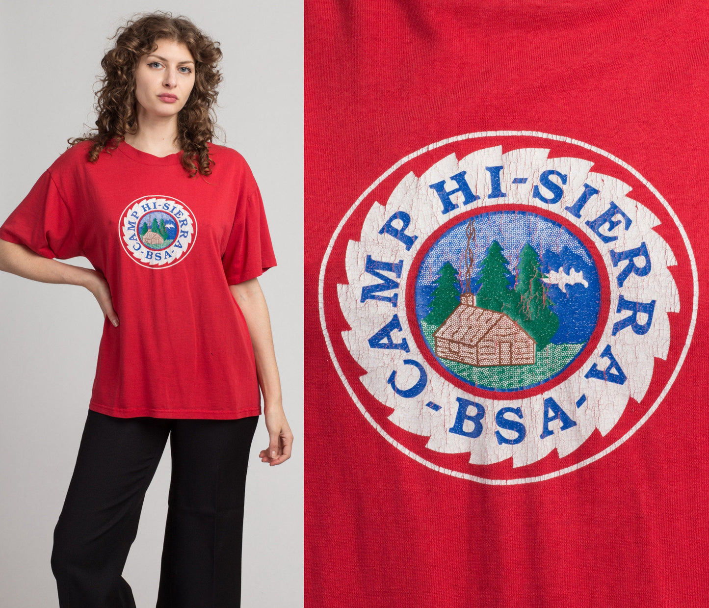 80s Camp Hi-Sierra Graphic Tee - Men&#39;s Large | Vintage Boy Scouts California Camping T Shirt