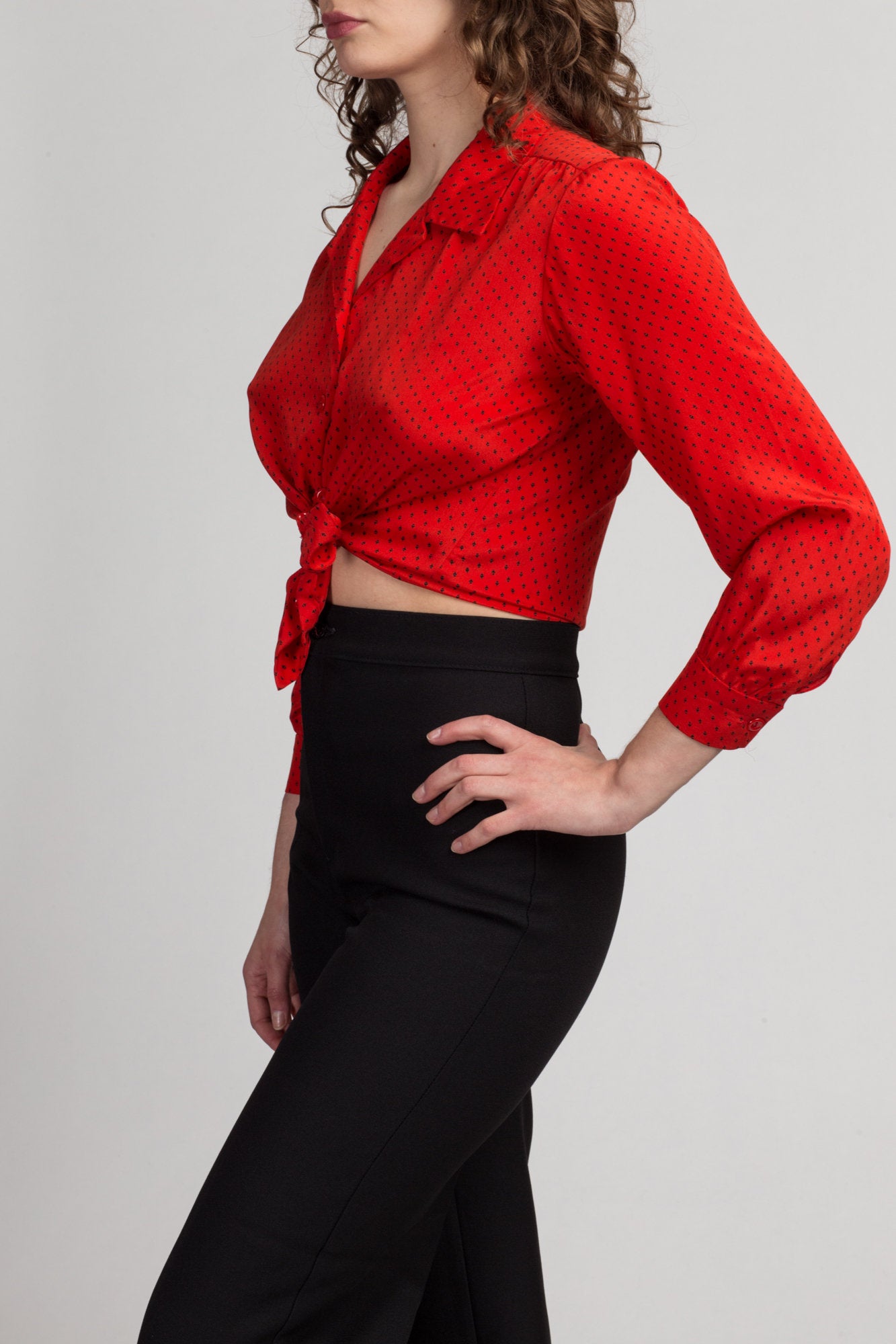 Vintage Red Silk Secretary Blouse - XS to Petite Small | 80s Polka Dot Button Up Long Sleeve Collared Top