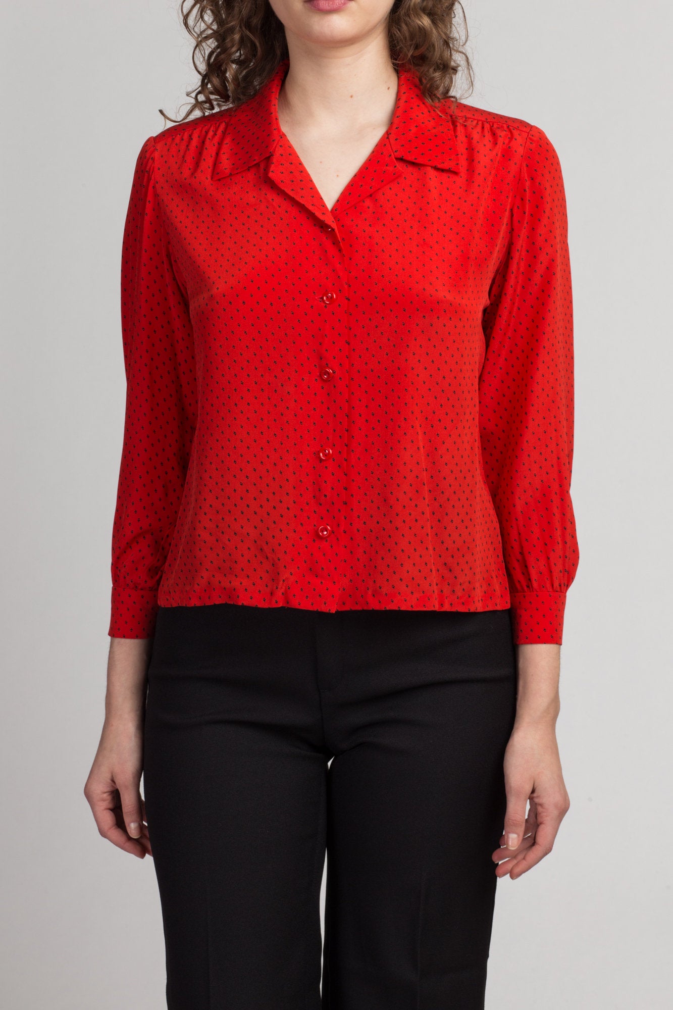 Vintage Red Silk Secretary Blouse - XS to Petite Small | 80s Polka Dot Button Up Long Sleeve Collared Top
