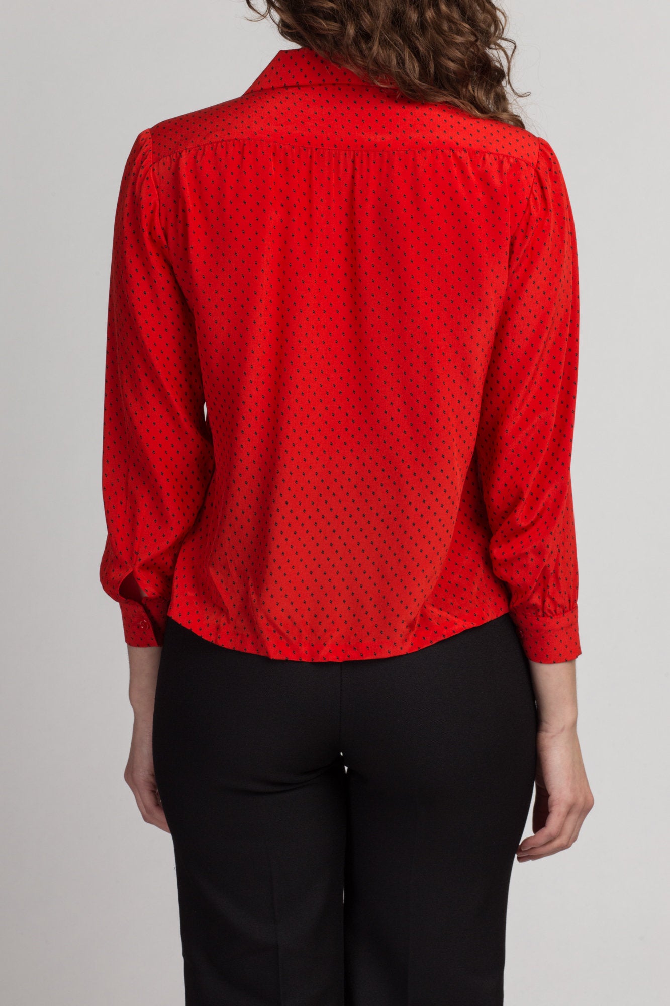 Vintage Red Silk Secretary Blouse - XS to Petite Small | 80s Polka Dot Button Up Long Sleeve Collared Top