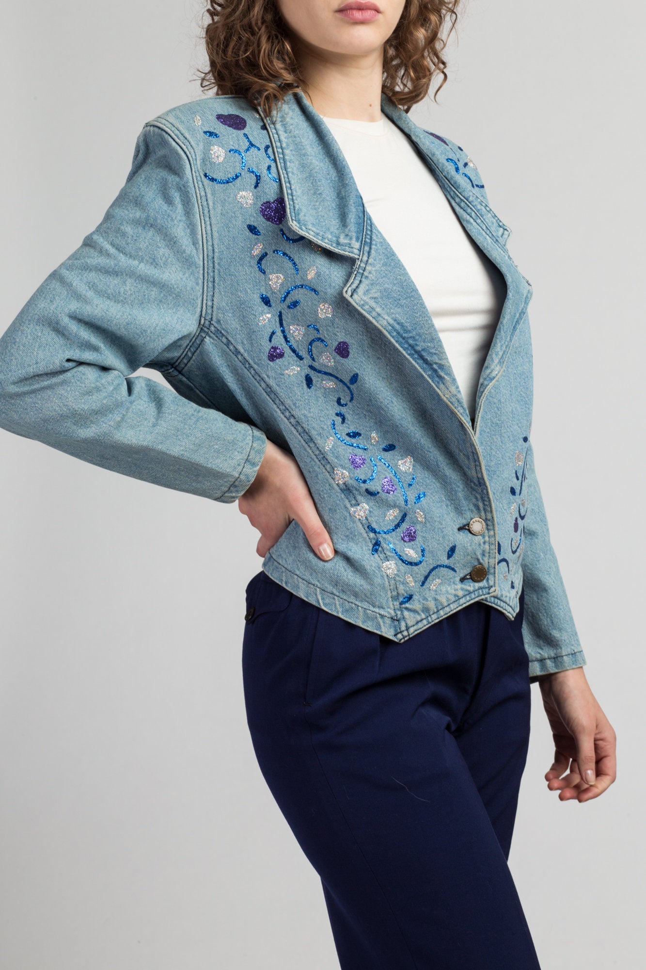 Vintage Puff Paint Cropped Denim Blazer - Small | 80s 90s Embellished Jean Jacket