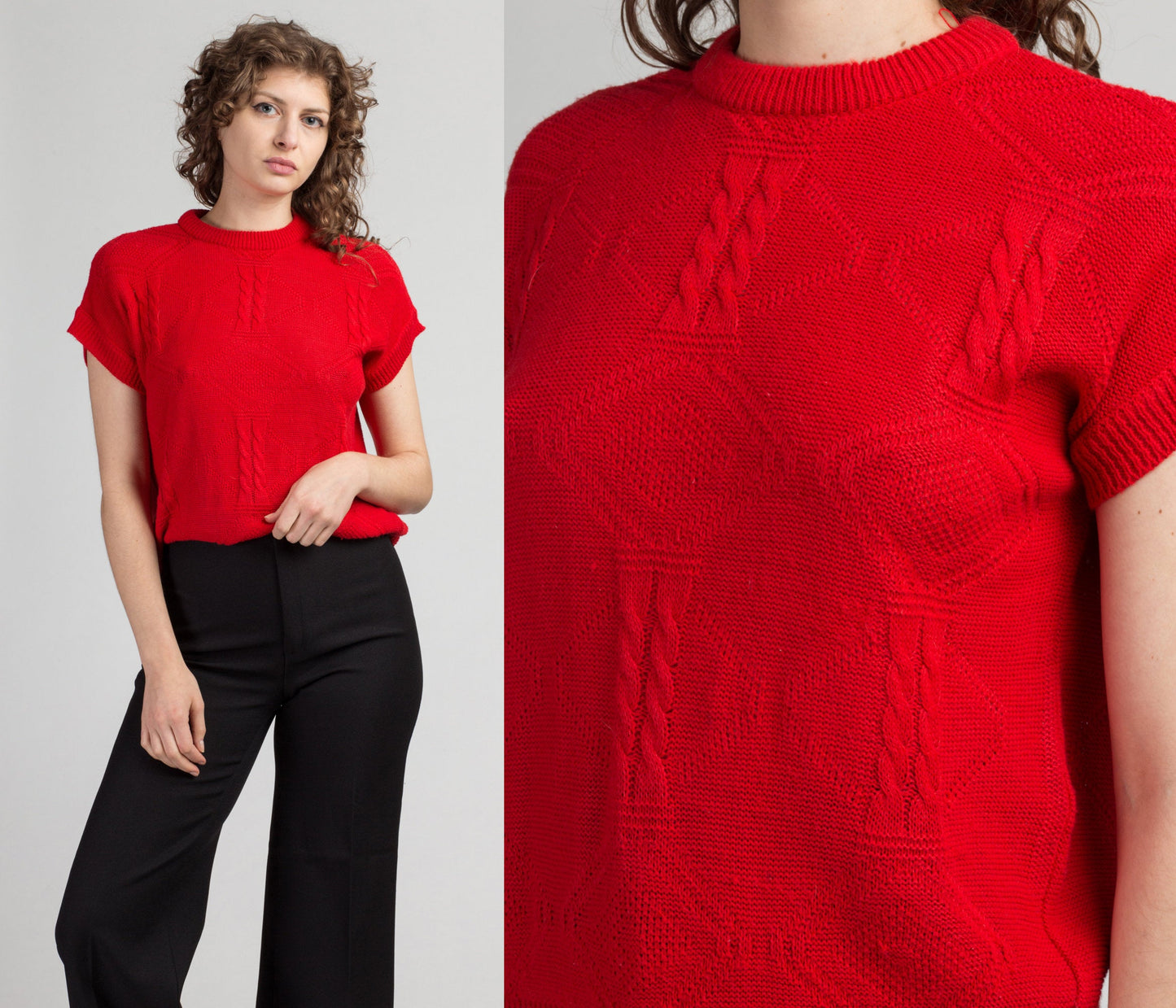 Vintage Red Cable Knit Top - Small to Medium | 80s Plain Cap Sleeve Knit Sweater