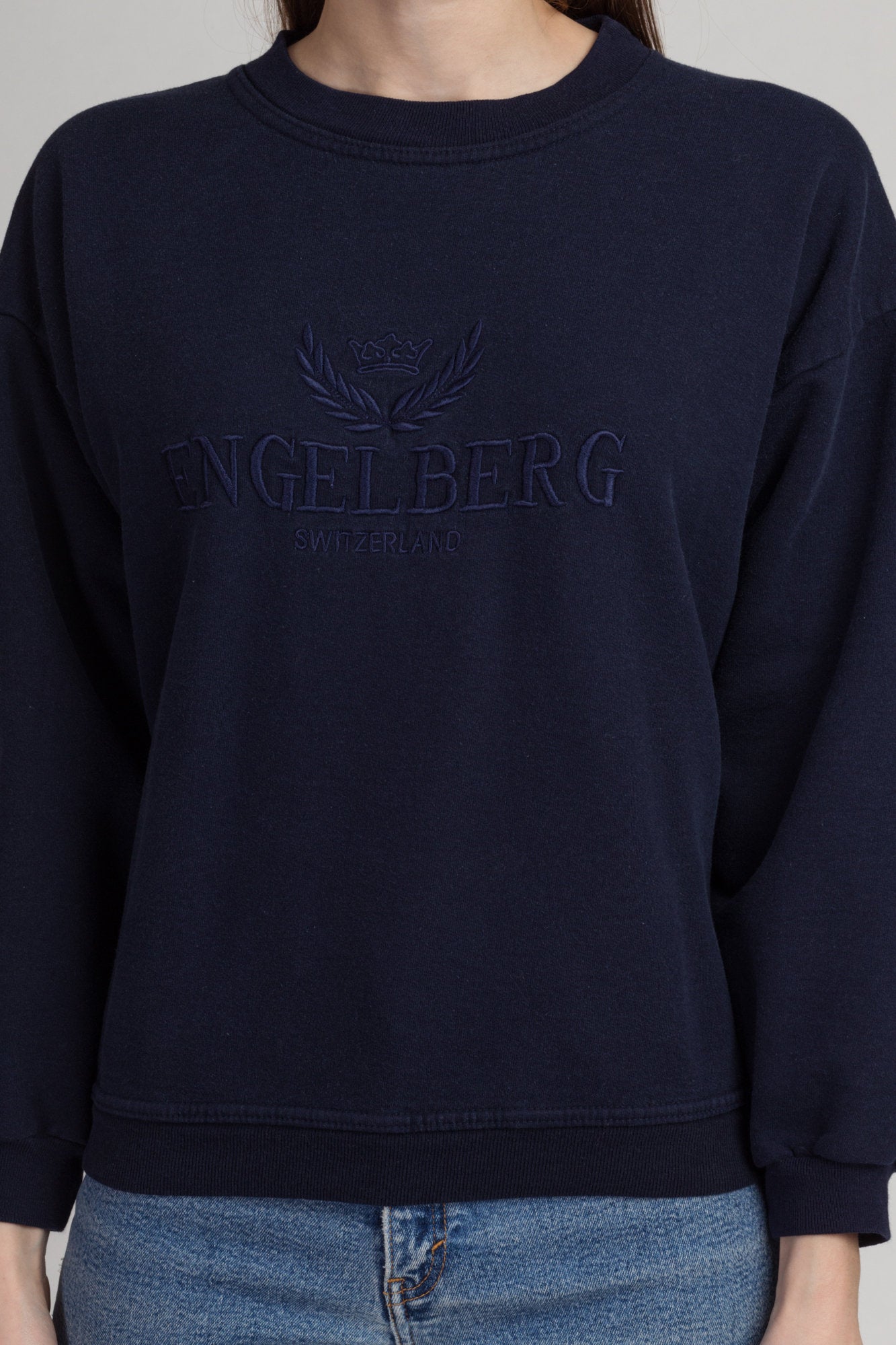 Vintage Engelberg Switzerland Sweatshirt - Petite Large | 90s Navy Blue Ski Resort Graphic Tourist Pullover
