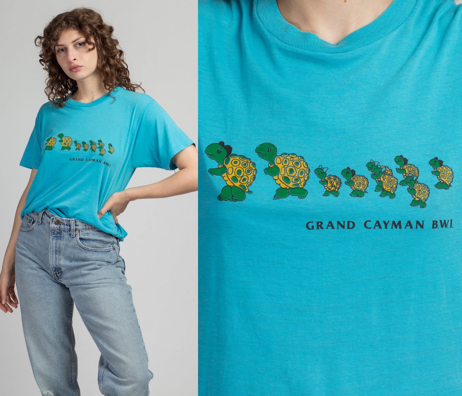80s Grand Cayman Turtle T Shirt - Large | Vintage Blue Graphic Tourist Tee