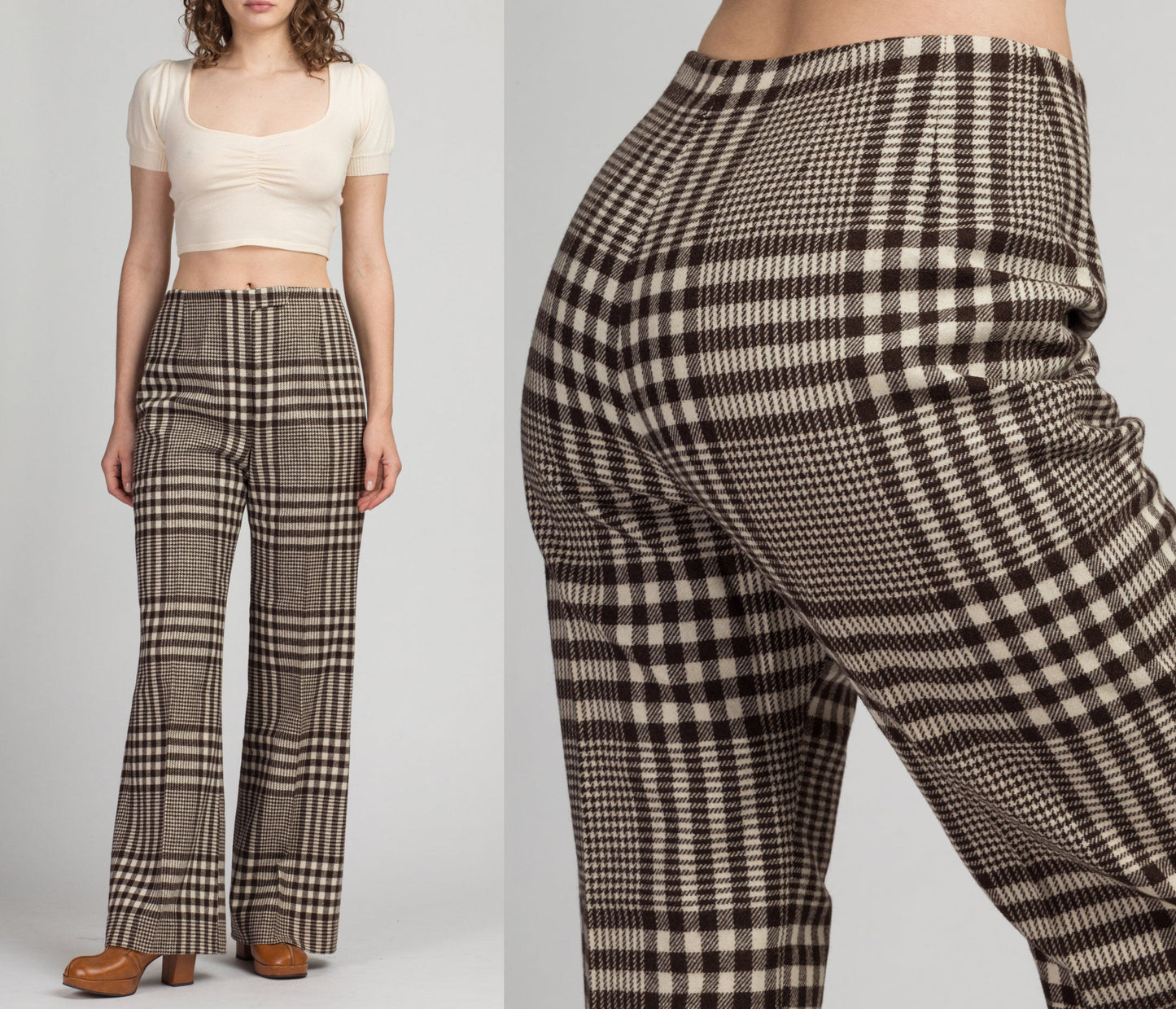 70s Plaid High Waisted Pants - Men&#39;s Small, Women&#39;s Medium, 29&quot; | Vintage Bullock&#39;s Wilshire Brown Off-White Straight Leg Trousers